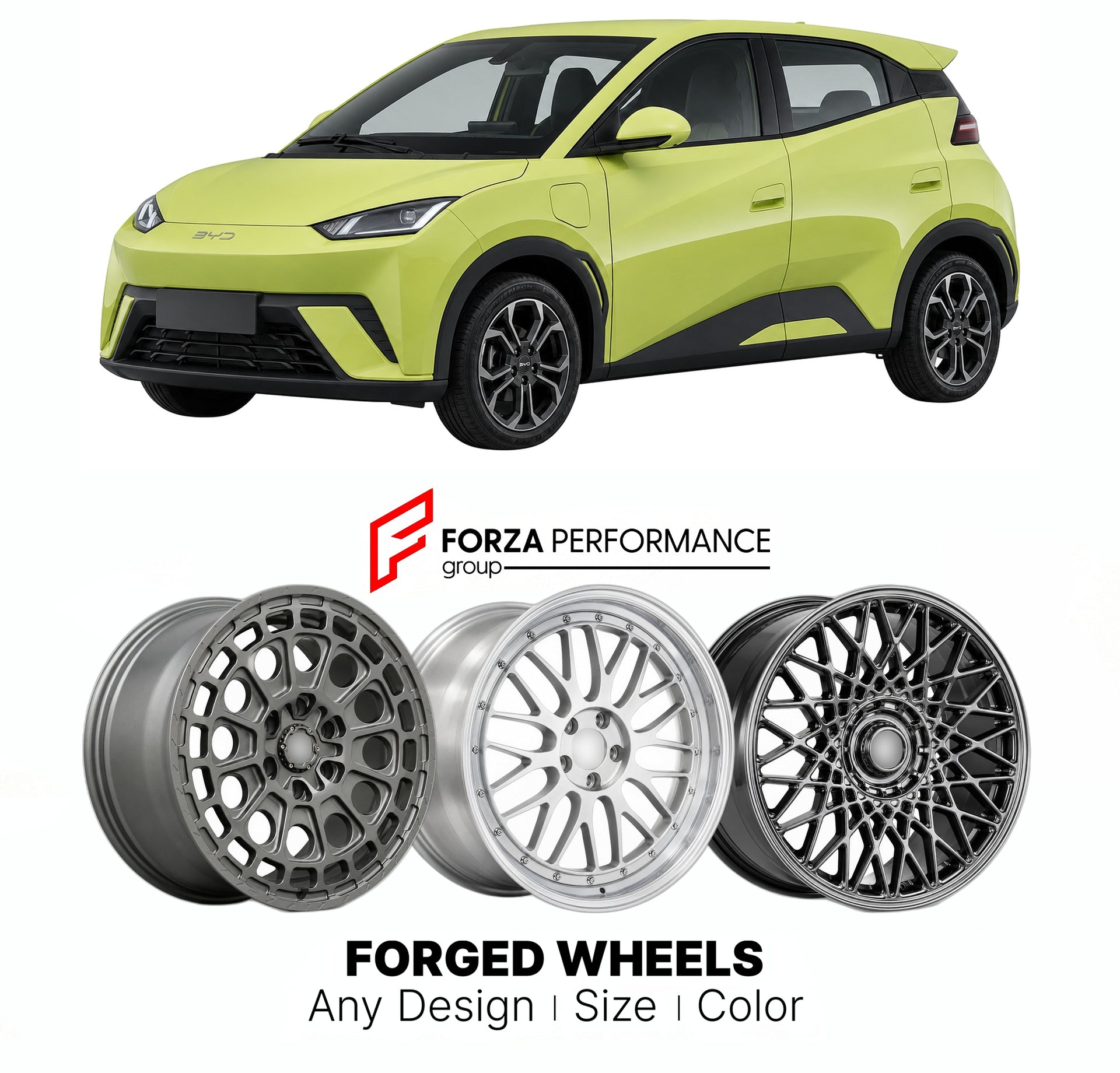 Custom forged wheels for BYD Dolphin Surf Seagull 2023+. Made-to-order monoblock, 2-piece and 3-piece wheels in custom sizes, offsets, colors and finishes with guaranteed vehicle fitment.

We manufacture premium quality forged wheels rims for BYD Dolphin Surf Seagull 2023+ in any design, size, color.

THIS WHEEL DESIGN CAN BE CUSTOM-MADE FOR YOUR CAR IN ANY SIZE AND COLOR OPTIONS
Available in monoblock, 2-piece, 3-piece, duoblock, beadlock
3D wheel renderings are provided according to the exact dimensions a