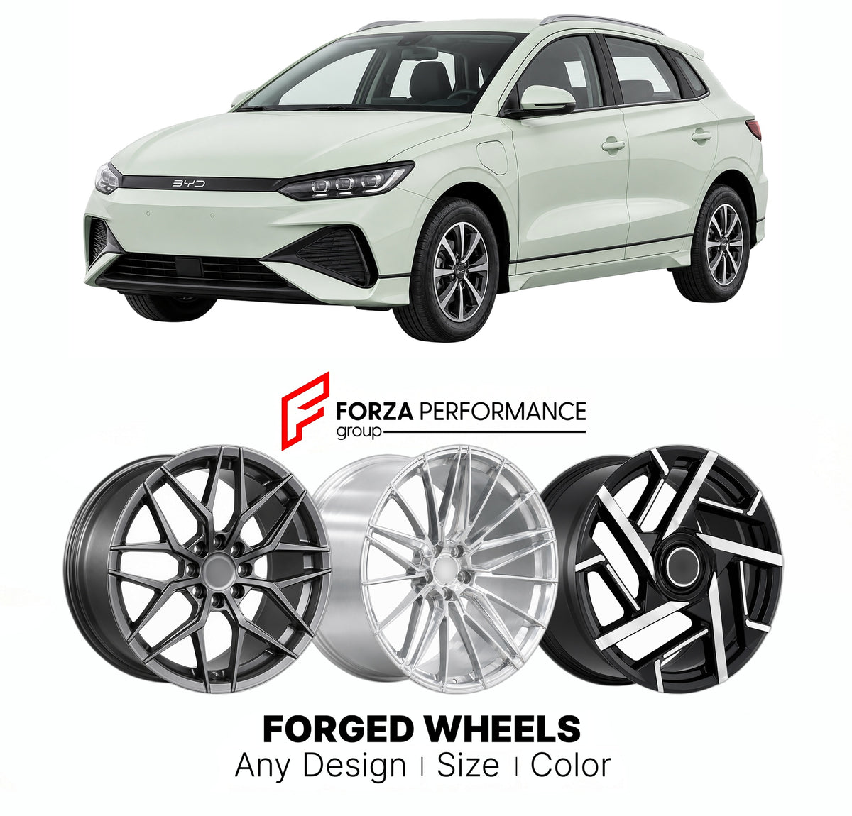 Custom forged wheels for BYD E2 2023+. Made-to-order monoblock, 2-piece and 3-piece wheels in custom sizes, offsets, colors and finishes with guaranteed vehicle fitment.

We manufacture premium quality forged wheels rims for BYD E2 2023+ in any design, size, color.

THIS WHEEL DESIGN CAN BE CUSTOM-MADE FOR YOUR CAR IN ANY SIZE AND COLOR OPTIONS
Available in monoblock, 2-piece, 3-piece, duoblock, beadlock
3D wheel renderings are provided according to the exact dimensions and specifications requested by the c
