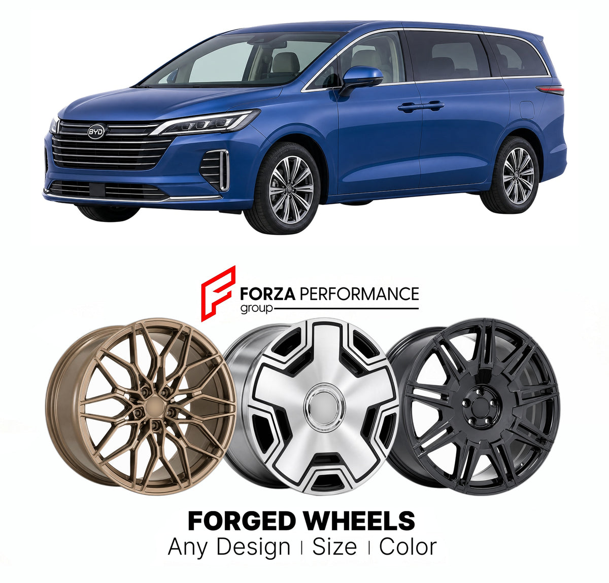 Custom forged wheels for BYD E9 2021+. Made-to-order monoblock, 2-piece and 3-piece wheels in custom sizes, offsets, colors and finishes with guaranteed vehicle fitment.

We manufacture premium quality forged wheels rims for BYD E9 2021+ in any design, size, color.

THIS WHEEL DESIGN CAN BE CUSTOM-MADE FOR YOUR CAR IN ANY SIZE AND COLOR OPTIONS
Available in monoblock, 2-piece, 3-piece, duoblock, beadlock
3D wheel renderings are provided according to the exact dimensions and specifications requested by the c