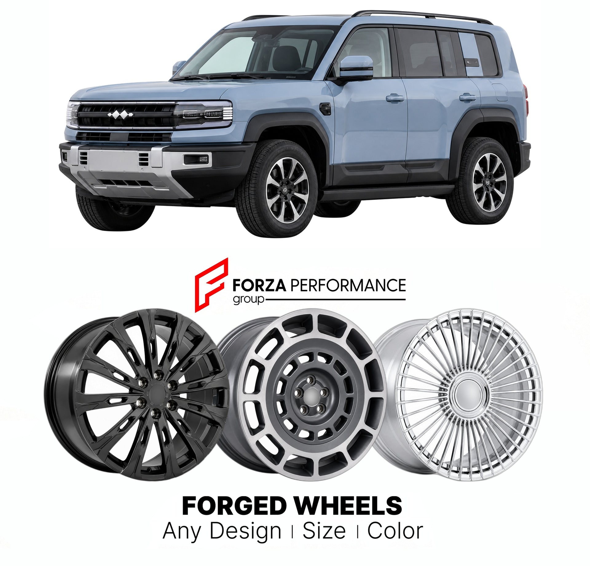 Custom forged wheels for BYD Fangchengbao Bao 5 Leopard 5 2023+. Made-to-order monoblock, 2-piece and 3-piece wheels in custom sizes, offsets, colors and finishes with guaranteed vehicle fitment.

We manufacture premium quality forged wheels rims for BYD Fangchengbao Bao 5 Leopard 5 2023+ in any design, size, color.

THIS WHEEL DESIGN CAN BE CUSTOM-MADE FOR YOUR CAR IN ANY SIZE AND COLOR OPTIONS
Available in monoblock, 2-piece, 3-piece, duoblock, beadlock
3D wheel renderings are provided according to the ex