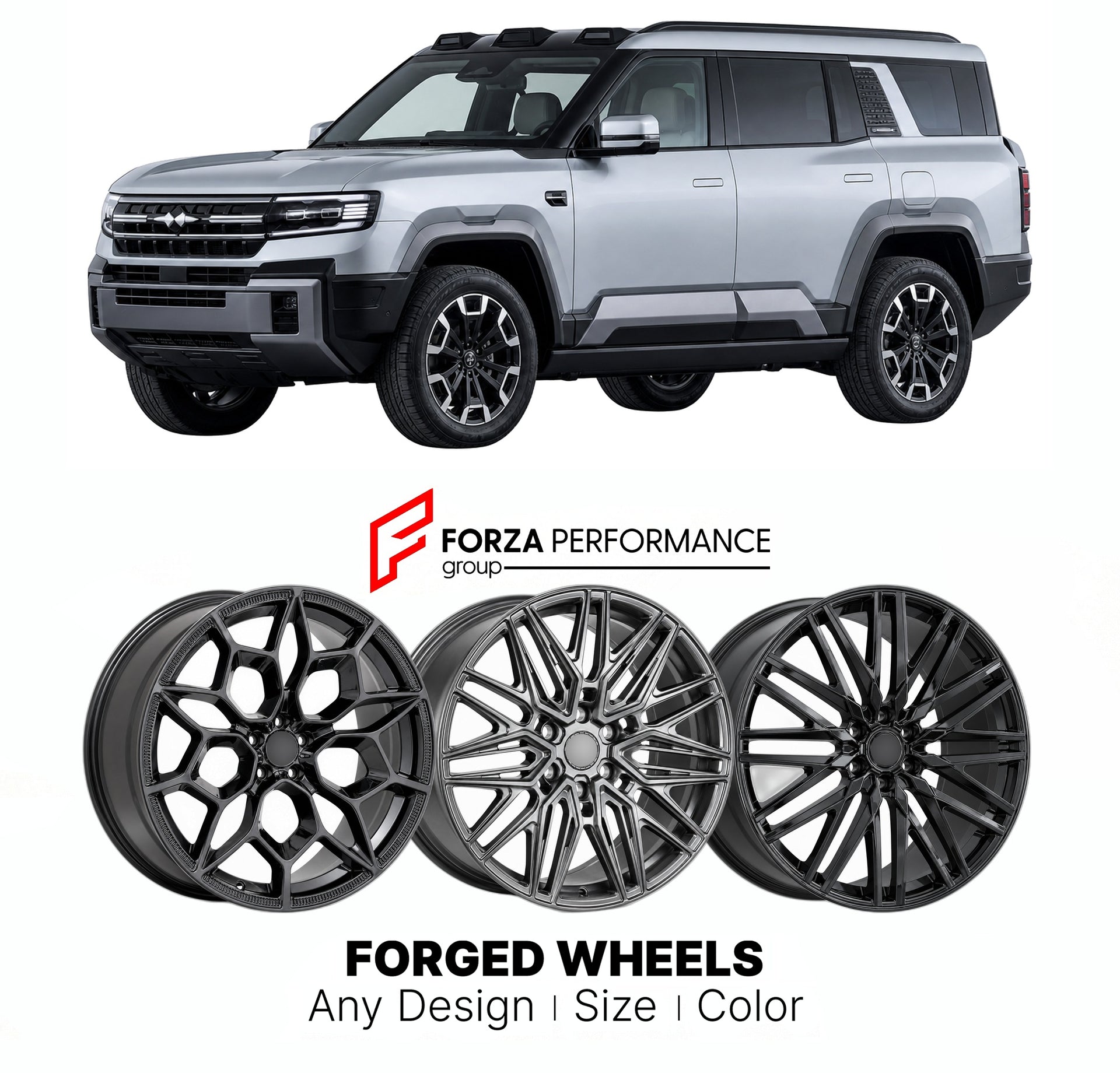 Custom forged wheels for BYD Fangchengbao Bao 8 Leopard 8 2024+. Made-to-order monoblock, 2-piece and 3-piece wheels in custom sizes, offsets, colors and finishes with guaranteed vehicle fitment.

We manufacture premium quality forged wheels rims for BYD Fangchengbao Bao 8 Leopard 8 2024+ in any design, size, color.

THIS WHEEL DESIGN CAN BE CUSTOM-MADE FOR YOUR CAR IN ANY SIZE AND COLOR OPTIONS
Available in monoblock, 2-piece, 3-piece, duoblock, beadlock
3D wheel renderings are provided according to the ex