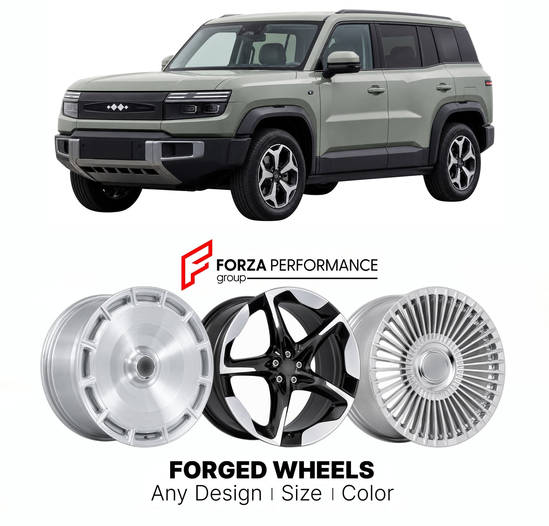 Custom forged wheels for BYD Fangchengbao Tai Bao 3 2025+. Made-to-order monoblock, 2-piece and 3-piece wheels in custom sizes, offsets, colors and finishes with guaranteed vehicle fitment.

We manufacture premium quality forged wheels rims for BYD Fangchengbao Tai Bao 3 2025+ in any design, size, color.

THIS WHEEL DESIGN CAN BE CUSTOM-MADE FOR YOUR CAR IN ANY SIZE AND COLOR OPTIONS
Available in monoblock, 2-piece, 3-piece, duoblock, beadlock
3D wheel renderings are provided according to the exact dimensio