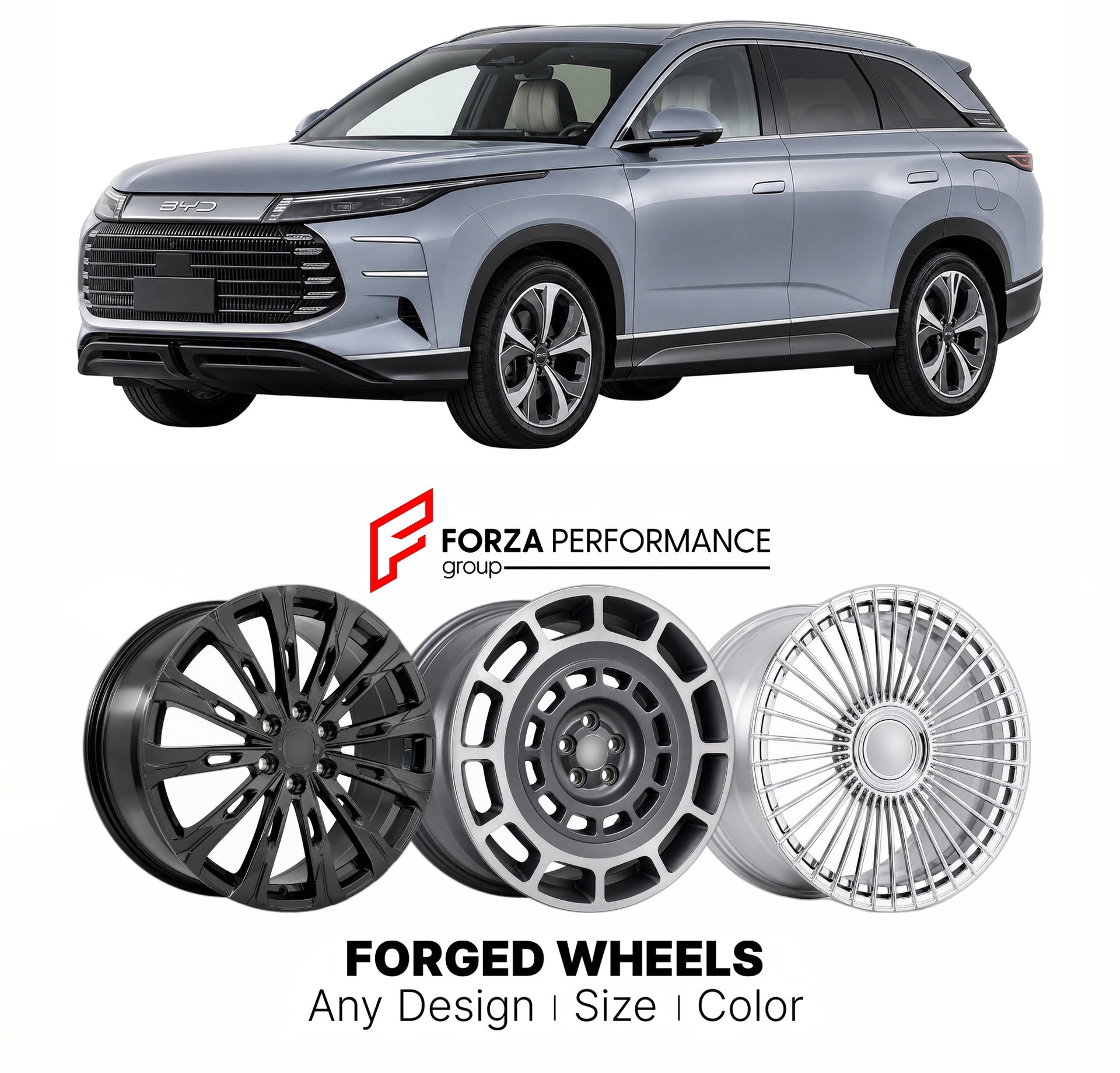 Custom forged wheels for BYD Frigate 07 2022+. Made-to-order monoblock, 2-piece and 3-piece wheels in custom sizes, offsets, colors and finishes with guaranteed vehicle fitment.

We manufacture premium quality forged wheels rims for BYD Frigate 07 2022+ in any design, size, color.

THIS WHEEL DESIGN CAN BE CUSTOM-MADE FOR YOUR CAR IN ANY SIZE AND COLOR OPTIONS
Available in monoblock, 2-piece, 3-piece, duoblock, beadlock
3D wheel renderings are provided according to the exact dimensions and specifications re