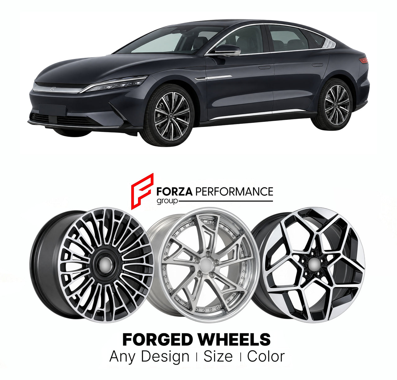 Custom forged wheels for BYD Han 2020+. Made-to-order monoblock, 2-piece and 3-piece wheels in custom sizes, offsets, colors and finishes with guaranteed vehicle fitment.

We manufacture premium quality forged wheels rims for BYD Han 2020+ in any design, size, color.

THIS WHEEL DESIGN CAN BE CUSTOM-MADE FOR YOUR CAR IN ANY SIZE AND COLOR OPTIONS
Available in monoblock, 2-piece, 3-piece, duoblock, beadlock
3D wheel renderings are provided according to the exact dimensions and specifications requested by the