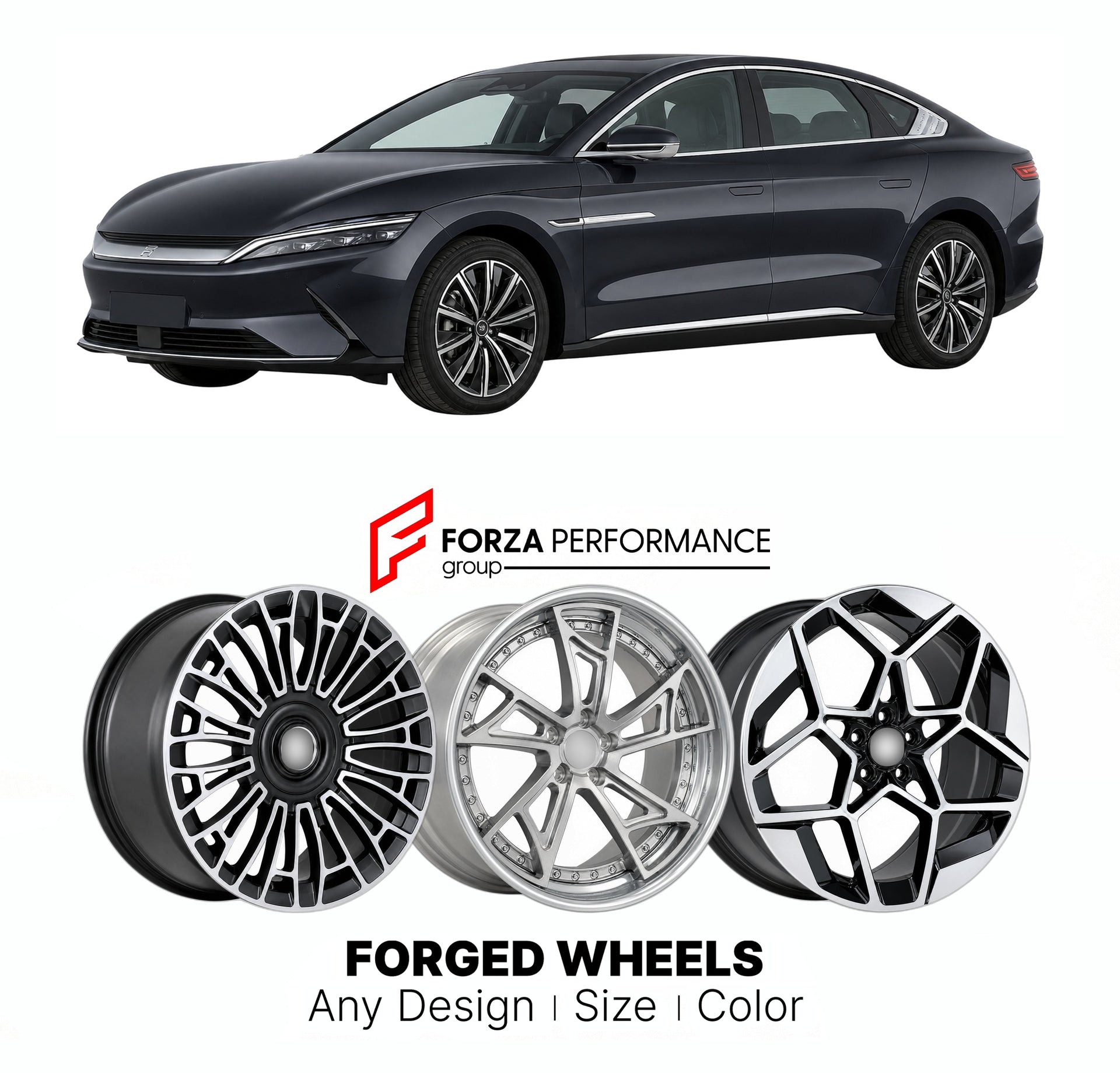 Custom forged wheels for BYD Han 2020+. Made-to-order monoblock, 2-piece and 3-piece wheels in custom sizes, offsets, colors and finishes with guaranteed vehicle fitment.

We manufacture premium quality forged wheels rims for BYD Han 2020+ in any design, size, color.

THIS WHEEL DESIGN CAN BE CUSTOM-MADE FOR YOUR CAR IN ANY SIZE AND COLOR OPTIONS
Available in monoblock, 2-piece, 3-piece, duoblock, beadlock
3D wheel renderings are provided according to the exact dimensions and specifications requested by the