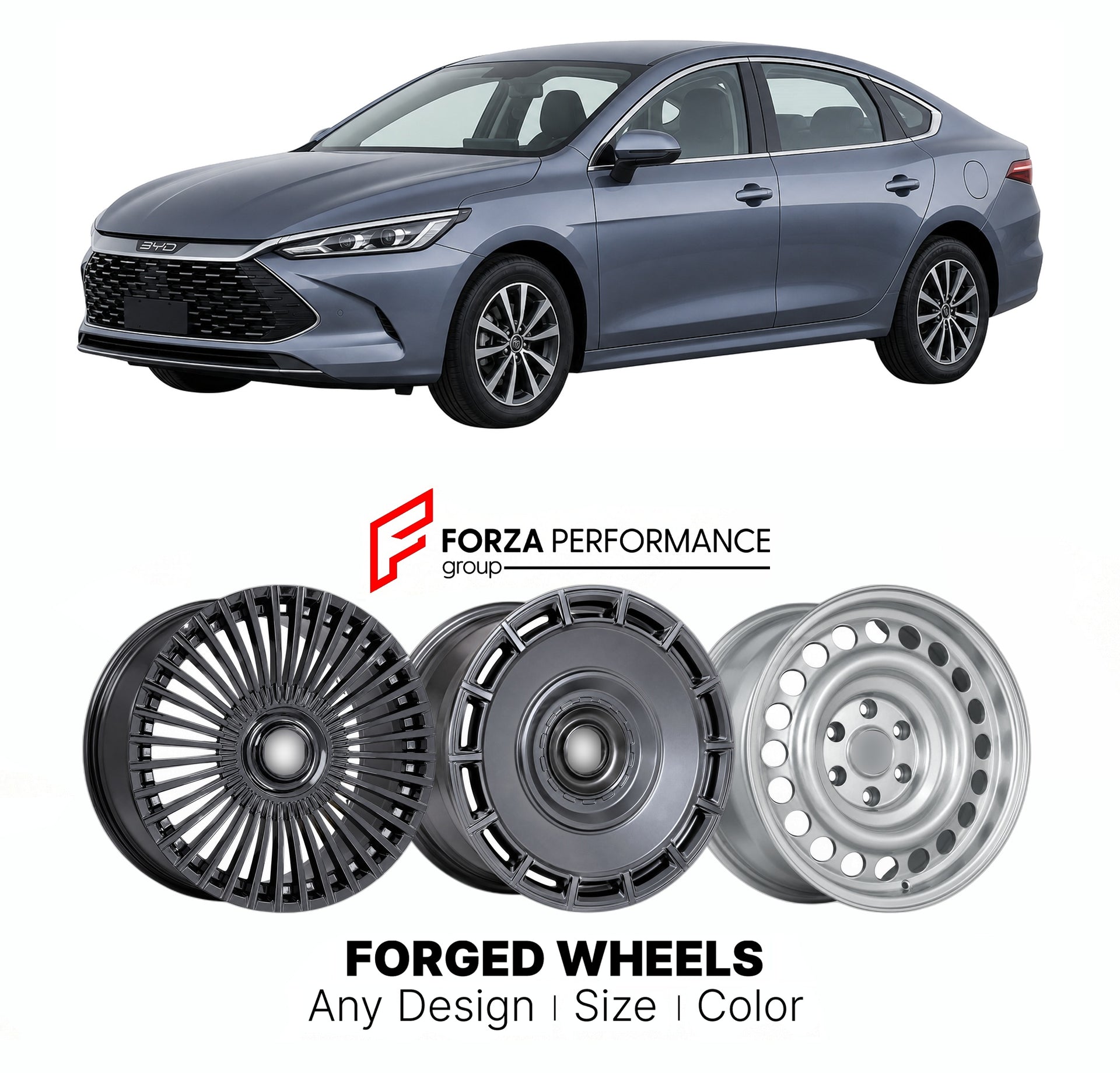 Custom forged wheels for BYD Qin Plus Seal 5 2021+. Made-to-order monoblock, 2-piece and 3-piece wheels in custom sizes, offsets, colors and finishes with guaranteed vehicle fitment.

We manufacture premium quality forged wheels rims for BYD Qin Plus Seal 5 2021+ in any design, size, color.

THIS WHEEL DESIGN CAN BE CUSTOM-MADE FOR YOUR CAR IN ANY SIZE AND COLOR OPTIONS
Available in monoblock, 2-piece, 3-piece, duoblock, beadlock
3D wheel renderings are provided according to the exact dimensions and specifi