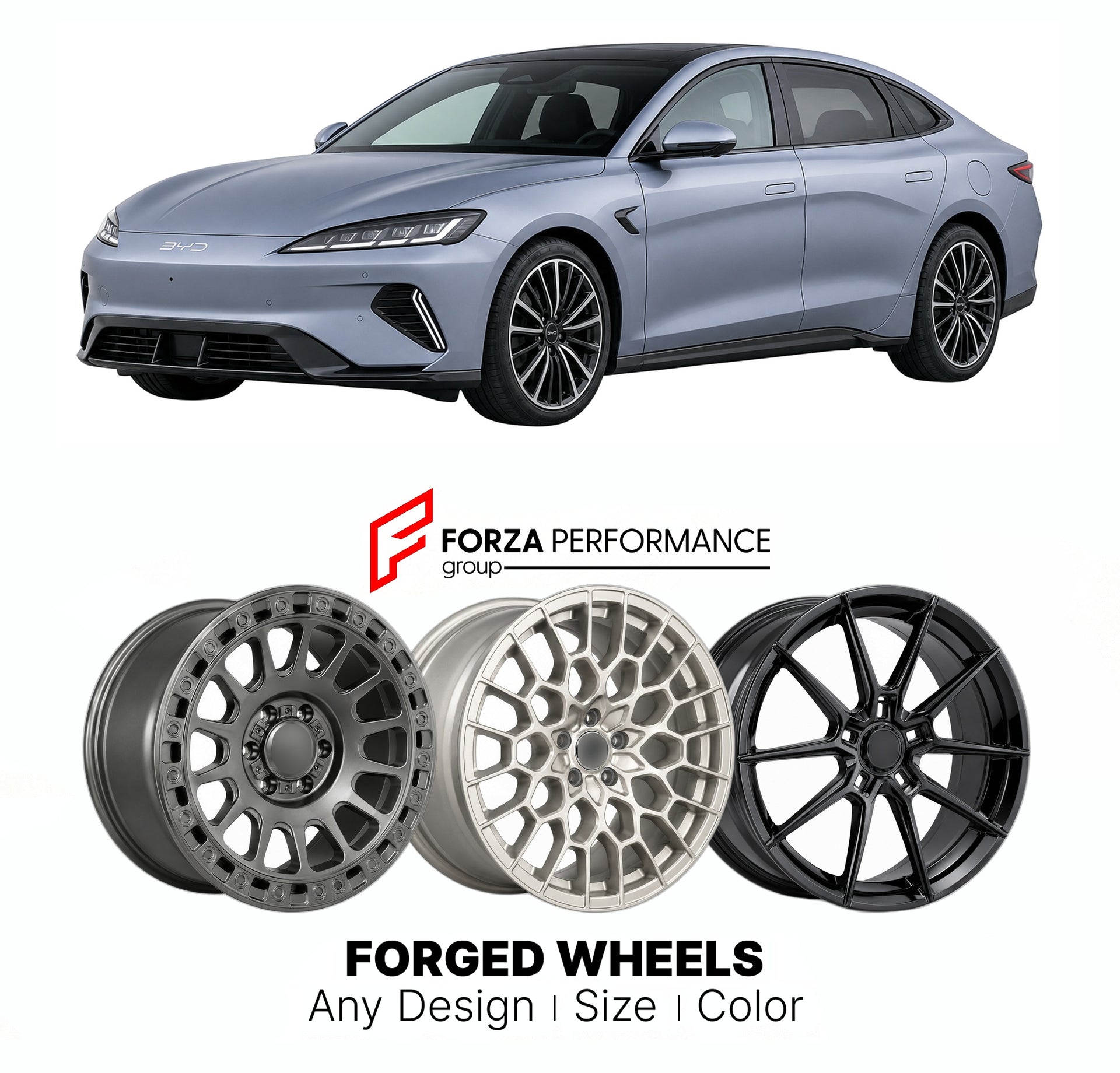 Custom forged wheels for BYD Seal 07 DM-i 2024+. Made-to-order monoblock, 2-piece and 3-piece wheels in custom sizes, offsets, colors and finishes with guaranteed vehicle fitment.

We manufacture premium quality forged wheels rims for BYD Seal 07 DM-i 2024+ in any design, size, color.

THIS WHEEL DESIGN CAN BE CUSTOM-MADE FOR YOUR CAR IN ANY SIZE AND COLOR OPTIONS
Available in monoblock, 2-piece, 3-piece, duoblock, beadlock
3D wheel renderings are provided according to the exact dimensions and specification