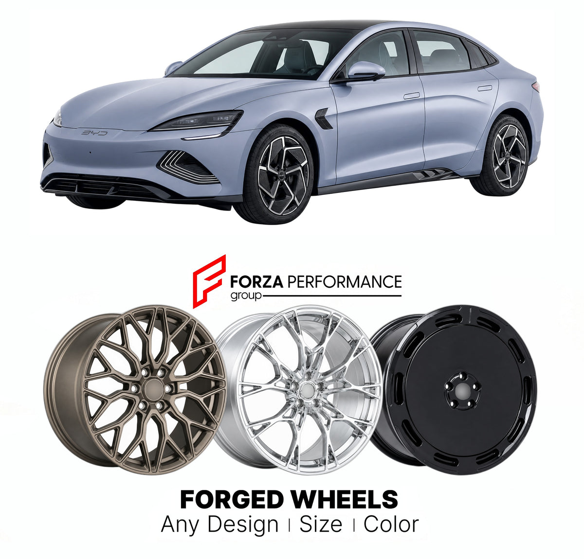 Custom forged wheels for BYD Seal 2022+. Made-to-order monoblock, 2-piece and 3-piece wheels in custom sizes, offsets, colors and finishes with guaranteed vehicle fitment.

We manufacture premium quality forged wheels rims for BYD Seal 2022+ in any design, size, color.

THIS WHEEL DESIGN CAN BE CUSTOM-MADE FOR YOUR CAR IN ANY SIZE AND COLOR OPTIONS
Available in monoblock, 2-piece, 3-piece, duoblock, beadlock
3D wheel renderings are provided according to the exact dimensions and specifications requested by t