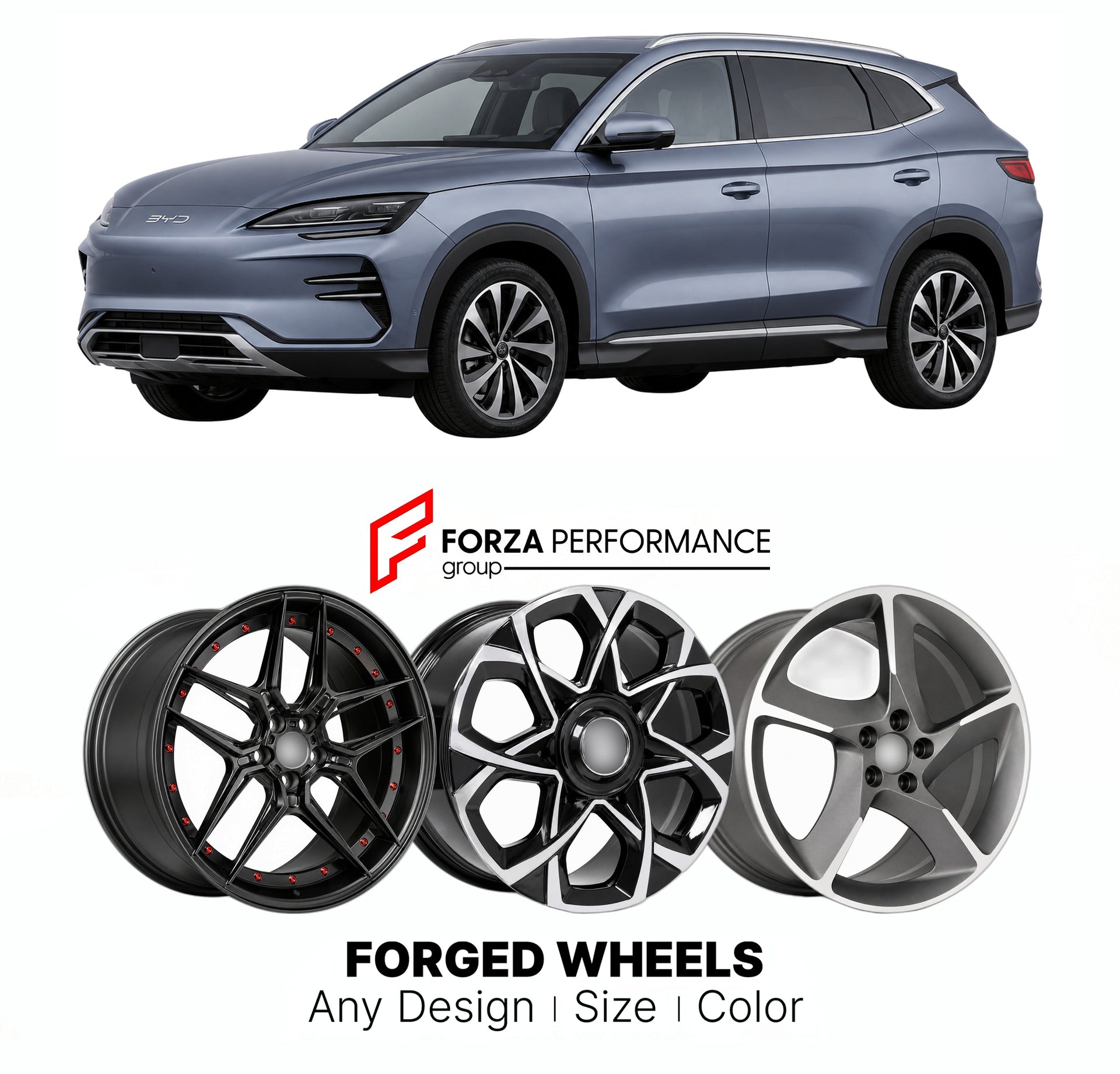 Custom forged wheels for BYD Seal U Song Plus 2020+. Made-to-order monoblock, 2-piece and 3-piece wheels in custom sizes, offsets, colors and finishes with guaranteed vehicle fitment.

We manufacture premium quality forged wheels rims for BYD Seal U Song Plus 2020+ in any design, size, color.

THIS WHEEL DESIGN CAN BE CUSTOM-MADE FOR YOUR CAR IN ANY SIZE AND COLOR OPTIONS
Available in monoblock, 2-piece, 3-piece, duoblock, beadlock
3D wheel renderings are provided according to the exact dimensions and speci