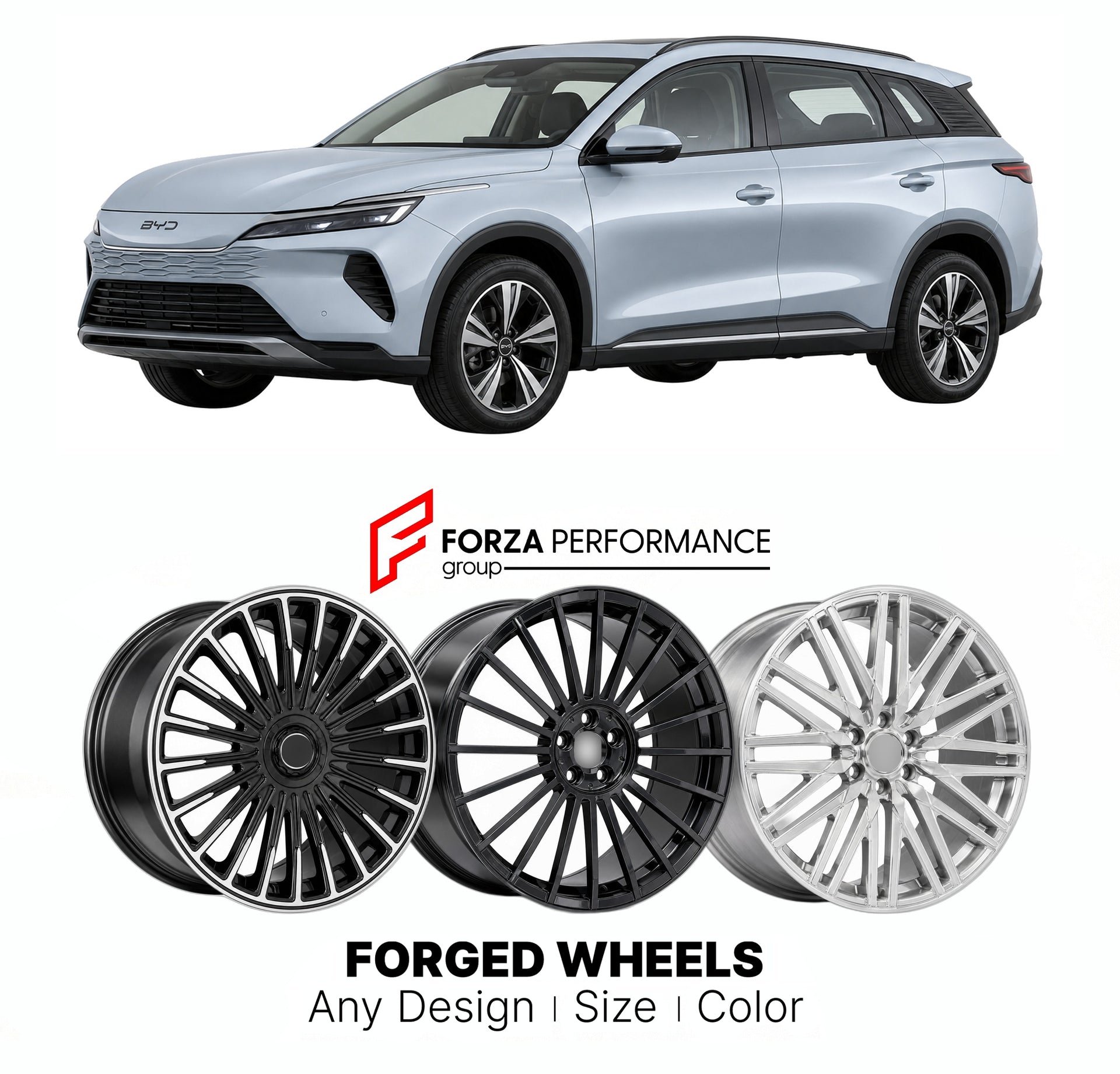Custom forged wheels for BYD Sealion 05 DM-i 2024+. Made-to-order monoblock, 2-piece and 3-piece wheels in custom sizes, offsets, colors and finishes with guaranteed vehicle fitment.

We manufacture premium quality forged wheels rims for BYD Sealion 05 DM-i 2024+ in any design, size, color.

THIS WHEEL DESIGN CAN BE CUSTOM-MADE FOR YOUR CAR IN ANY SIZE AND COLOR OPTIONS
Available in monoblock, 2-piece, 3-piece, duoblock, beadlock
3D wheel renderings are provided according to the exact dimensions and specifi
