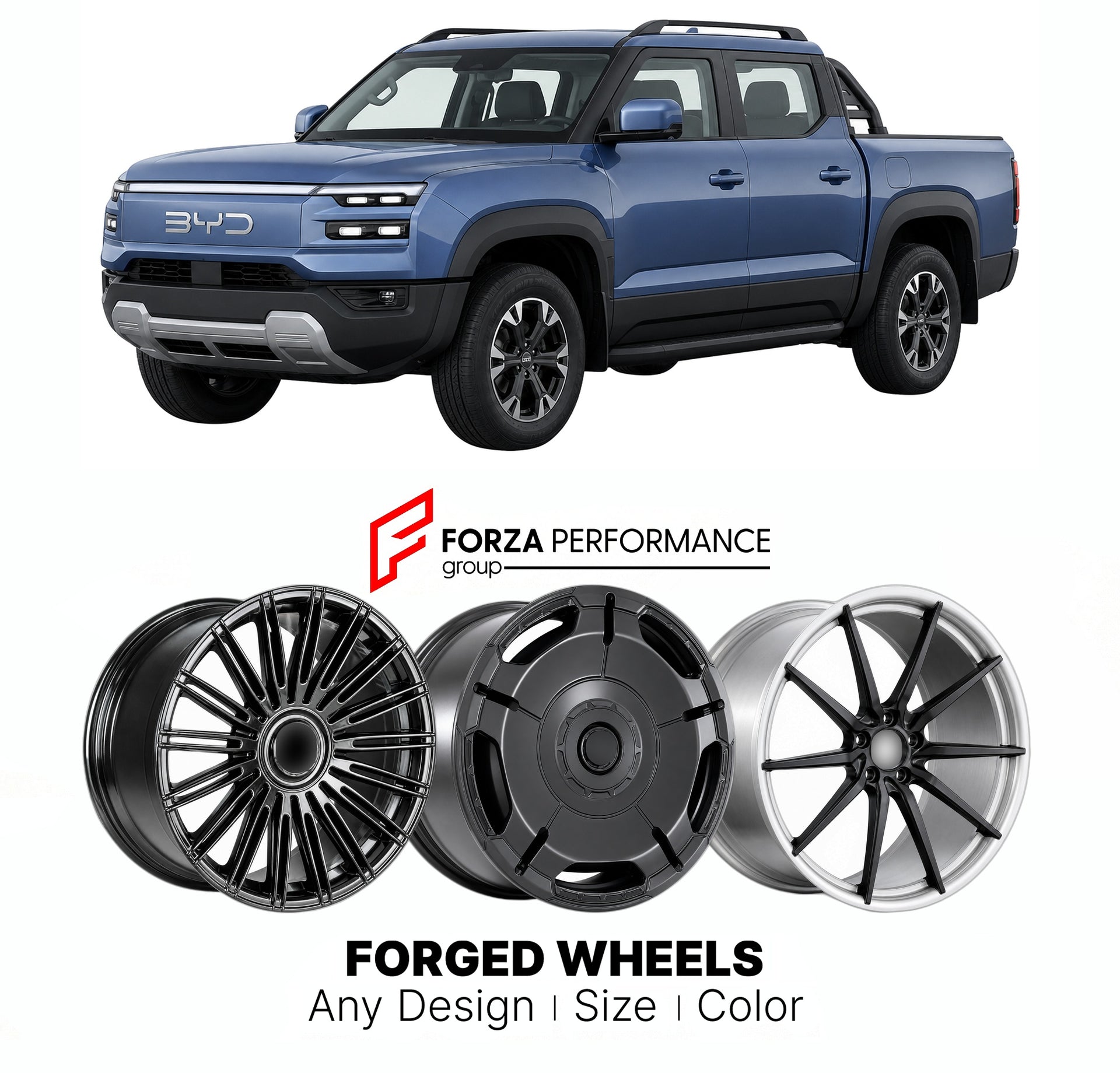 Custom forged wheels for BYD Shark 6 2024+. Made-to-order monoblock, 2-piece and 3-piece wheels in custom sizes, offsets, colors and finishes with guaranteed vehicle fitment.

We manufacture premium quality forged wheels rims for BYD Shark 6 2024+ in any design, size, color.

THIS WHEEL DESIGN CAN BE CUSTOM-MADE FOR YOUR CAR IN ANY SIZE AND COLOR OPTIONS
Available in monoblock, 2-piece, 3-piece, duoblock, beadlock
3D wheel renderings are provided according to the exact dimensions and specifications requeste