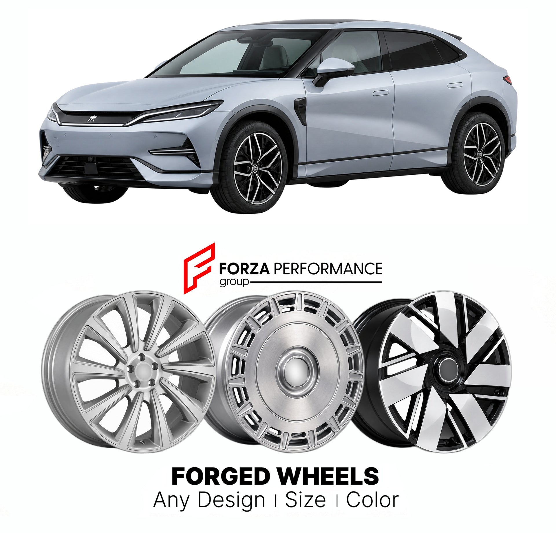 Custom forged wheels for BYD Song L EV 2023+. Made-to-order monoblock, 2-piece and 3-piece wheels in custom sizes, offsets, colors and finishes with guaranteed vehicle fitment.

We manufacture premium quality forged wheels rims for BYD Song L EV 2023+ in any design, size, color.

THIS WHEEL DESIGN CAN BE CUSTOM-MADE FOR YOUR CAR IN ANY SIZE AND COLOR OPTIONS
Available in monoblock, 2-piece, 3-piece, duoblock, beadlock
3D wheel renderings are provided according to the exact dimensions and specifications requ