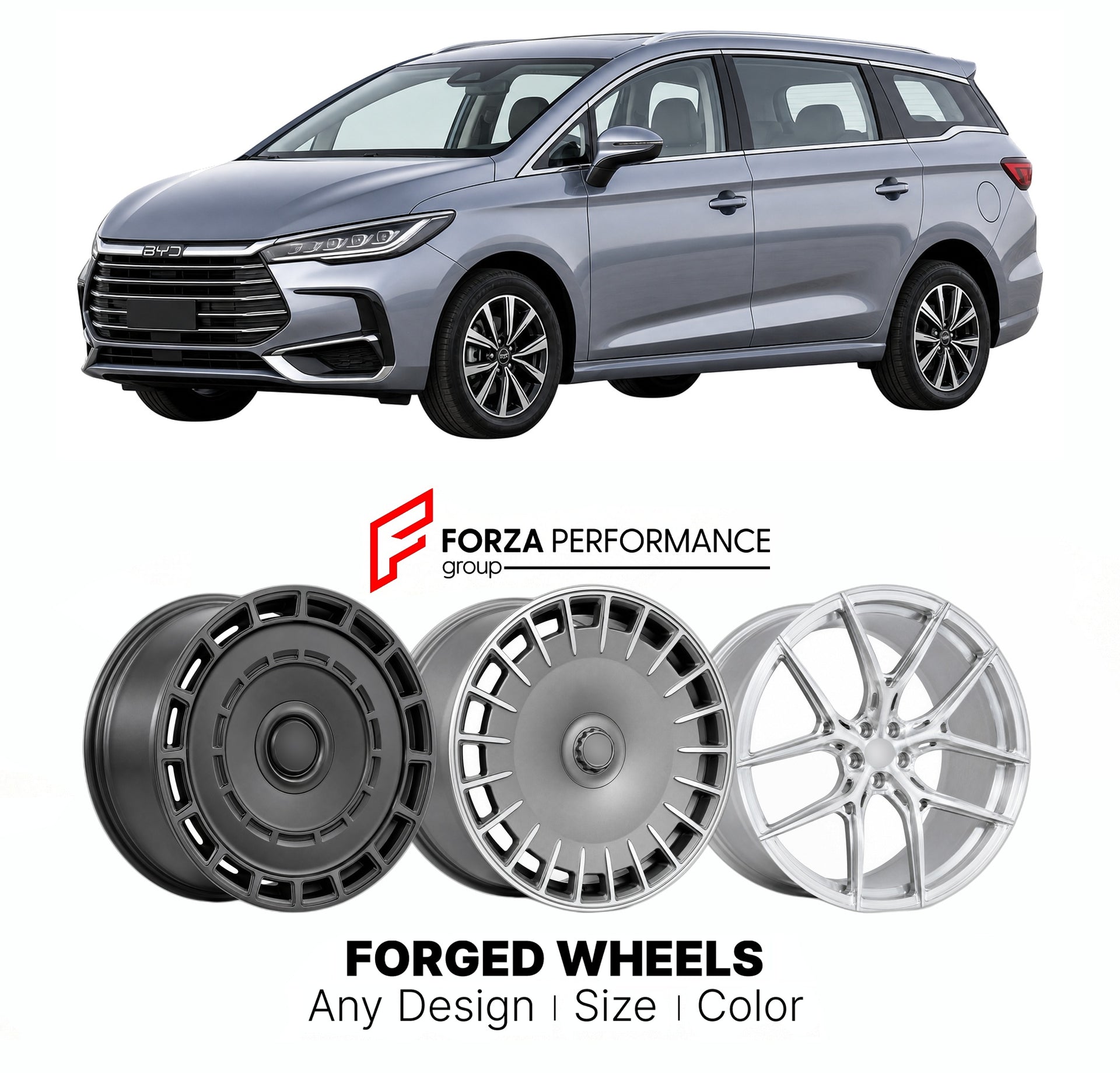 Custom forged wheels for BYD Song Max DM-i 2022+. Made-to-order monoblock, 2-piece and 3-piece wheels in custom sizes, offsets, colors and finishes with guaranteed vehicle fitment.

We manufacture premium quality forged wheels rims for BYD Song Max DM-i 2022+ in any design, size, color.

THIS WHEEL DESIGN CAN BE CUSTOM-MADE FOR YOUR CAR IN ANY SIZE AND COLOR OPTIONS
Available in monoblock, 2-piece, 3-piece, duoblock, beadlock
3D wheel renderings are provided according to the exact dimensions and specificati