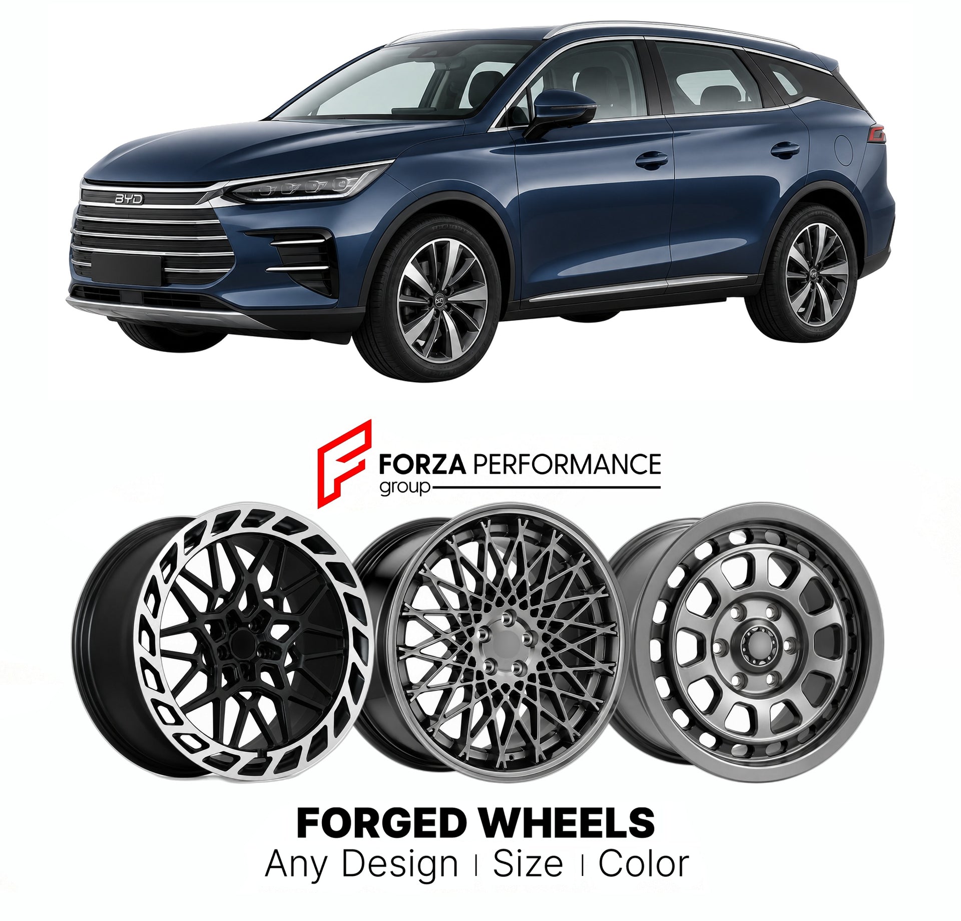 Custom forged wheels for BYD Tang DM-i EV 2018+. Made-to-order monoblock, 2-piece and 3-piece wheels in custom sizes, offsets, colors and finishes with guaranteed vehicle fitment.

We manufacture premium quality forged wheels rims for BYD Tang DM-i EV 2018+ in any design, size, color.

THIS WHEEL DESIGN CAN BE CUSTOM-MADE FOR YOUR CAR IN ANY SIZE AND COLOR OPTIONS
Available in monoblock, 2-piece, 3-piece, duoblock, beadlock
3D wheel renderings are provided according to the exact dimensions and specification