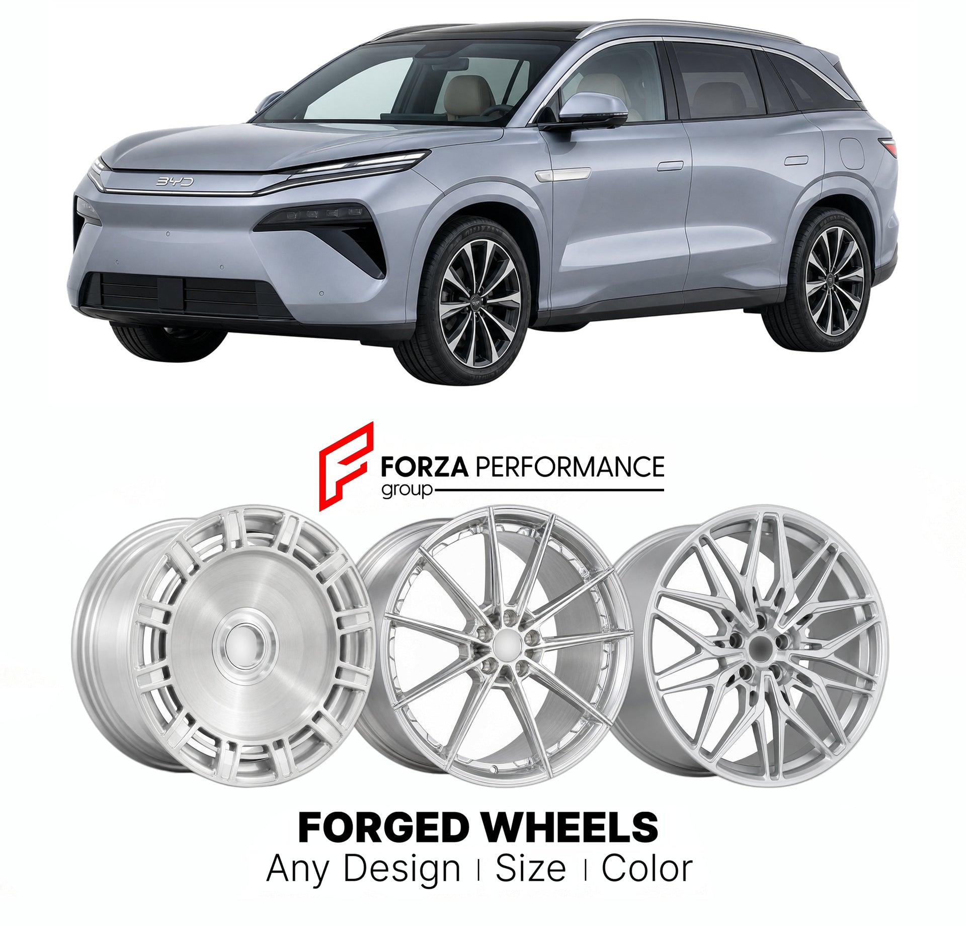 Custom forged wheels for BYD Tang L 2025+. Made-to-order monoblock, 2-piece and 3-piece wheels in custom sizes, offsets, colors and finishes with guaranteed vehicle fitment.

We manufacture premium quality forged wheels rims for BYD Tang L 2025+ in any design, size, color.

THIS WHEEL DESIGN CAN BE CUSTOM-MADE FOR YOUR CAR IN ANY SIZE AND COLOR OPTIONS
Available in monoblock, 2-piece, 3-piece, duoblock, beadlock
3D wheel renderings are provided according to the exact dimensions and specifications requested 