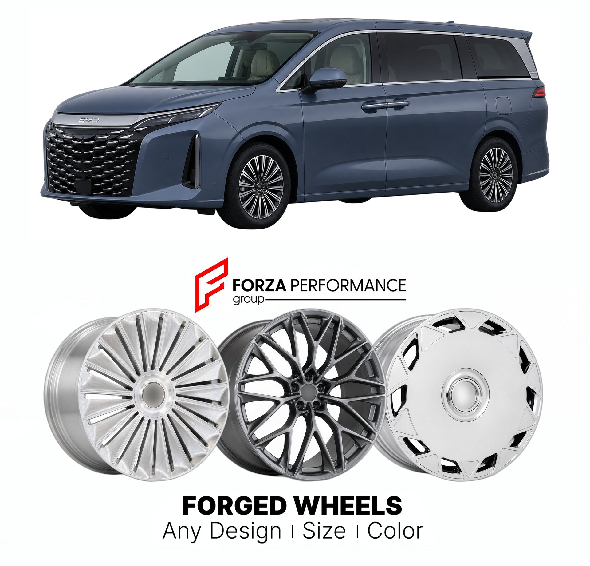 Custom forged wheels for BYD Xia 2025+. Made-to-order monoblock, 2-piece and 3-piece wheels in custom sizes, offsets, colors and finishes with guaranteed vehicle fitment.

We manufacture premium quality forged wheels rims for BYD Xia 2025+ in any design, size, color.

THIS WHEEL DESIGN CAN BE CUSTOM-MADE FOR YOUR CAR IN ANY SIZE AND COLOR OPTIONS
Available in monoblock, 2-piece, 3-piece, duoblock, beadlock
3D wheel renderings are provided according to the exact dimensions and specifications requested by the
