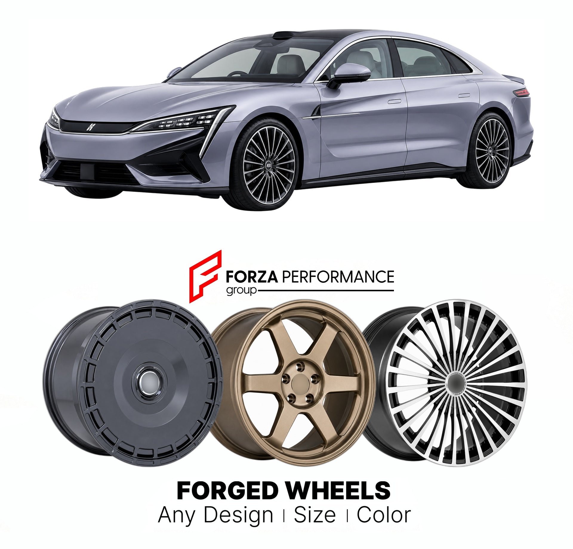 Custom forged wheels for BYD Yangwang U7 2025+. Made-to-order monoblock, 2-piece and 3-piece wheels in custom sizes, offsets, colors and finishes with guaranteed vehicle fitment.

We manufacture premium quality forged wheels rims for BYD Yangwang U7 2025+ in any design, size, color.

THIS WHEEL DESIGN CAN BE CUSTOM-MADE FOR YOUR CAR IN ANY SIZE AND COLOR OPTIONS
Available in monoblock, 2-piece, 3-piece, duoblock, beadlock
3D wheel renderings are provided according to the exact dimensions and specifications 