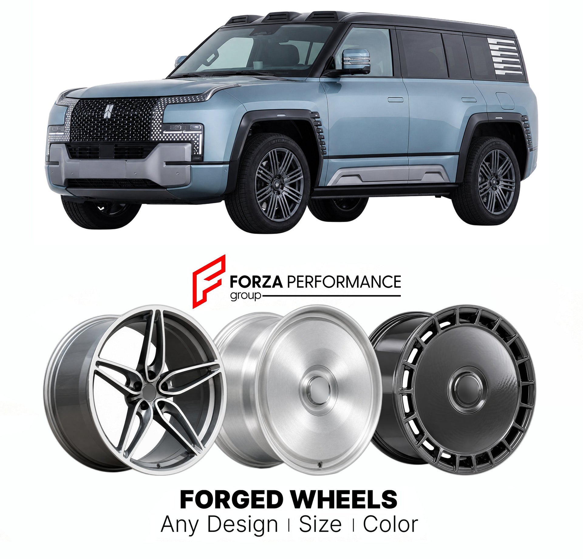 Custom forged wheels for BYD Yangwang U8 2023+. Made-to-order monoblock, 2-piece and 3-piece wheels in custom sizes, offsets, colors and finishes with guaranteed vehicle fitment.

We manufacture premium quality forged wheels rims for BYD Yangwang U8 2023+ in any design, size, color.

THIS WHEEL DESIGN CAN BE CUSTOM-MADE FOR YOUR CAR IN ANY SIZE AND COLOR OPTIONS
Available in monoblock, 2-piece, 3-piece, duoblock, beadlock
3D wheel renderings are provided according to the exact dimensions and specifications 