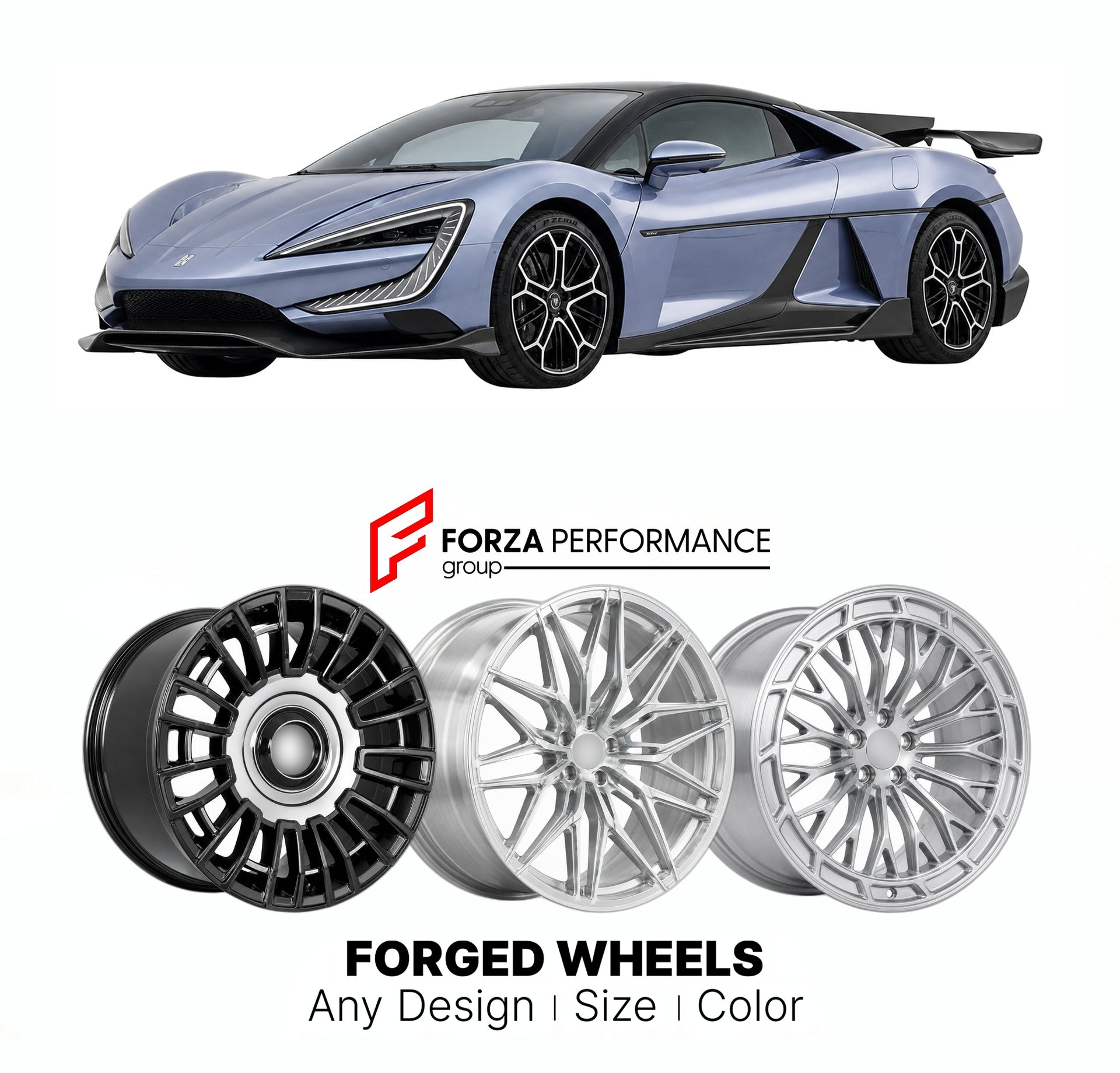 Custom forged wheels for BYD Yangwang U9 2024+. Made-to-order monoblock, 2-piece and 3-piece wheels in custom sizes, offsets, colors and finishes with guaranteed vehicle fitment.

We manufacture premium quality forged wheels rims for BYD Yangwang U9 2024+ in any design, size, color.

THIS WHEEL DESIGN CAN BE CUSTOM-MADE FOR YOUR CAR IN ANY SIZE AND COLOR OPTIONS
Available in monoblock, 2-piece, 3-piece, duoblock, beadlock
3D wheel renderings are provided according to the exact dimensions and specifications 