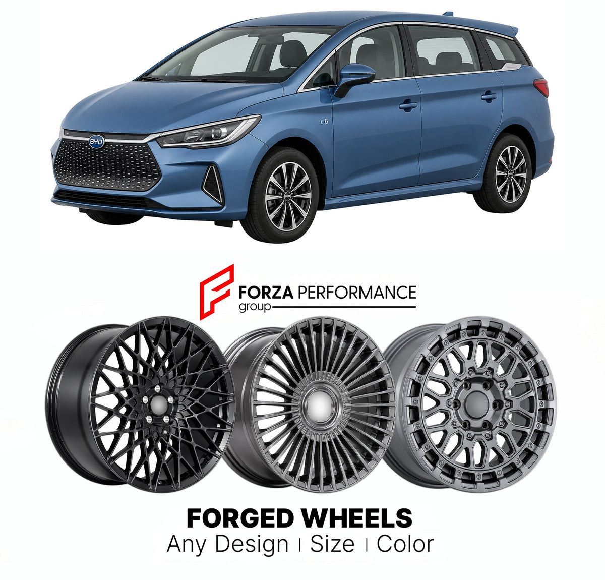 Custom forged wheels for BYD e6 2021+. Made-to-order monoblock, 2-piece and 3-piece wheels in custom sizes, offsets, colors and finishes with guaranteed vehicle fitment.

We manufacture premium quality forged wheels rims for BYD e6 2021+ in any design, size, color.

THIS WHEEL DESIGN CAN BE CUSTOM-MADE FOR YOUR CAR IN ANY SIZE AND COLOR OPTIONS
Available in monoblock, 2-piece, 3-piece, duoblock, beadlock
3D wheel renderings are provided according to the exact dimensions and specifications requested by the c