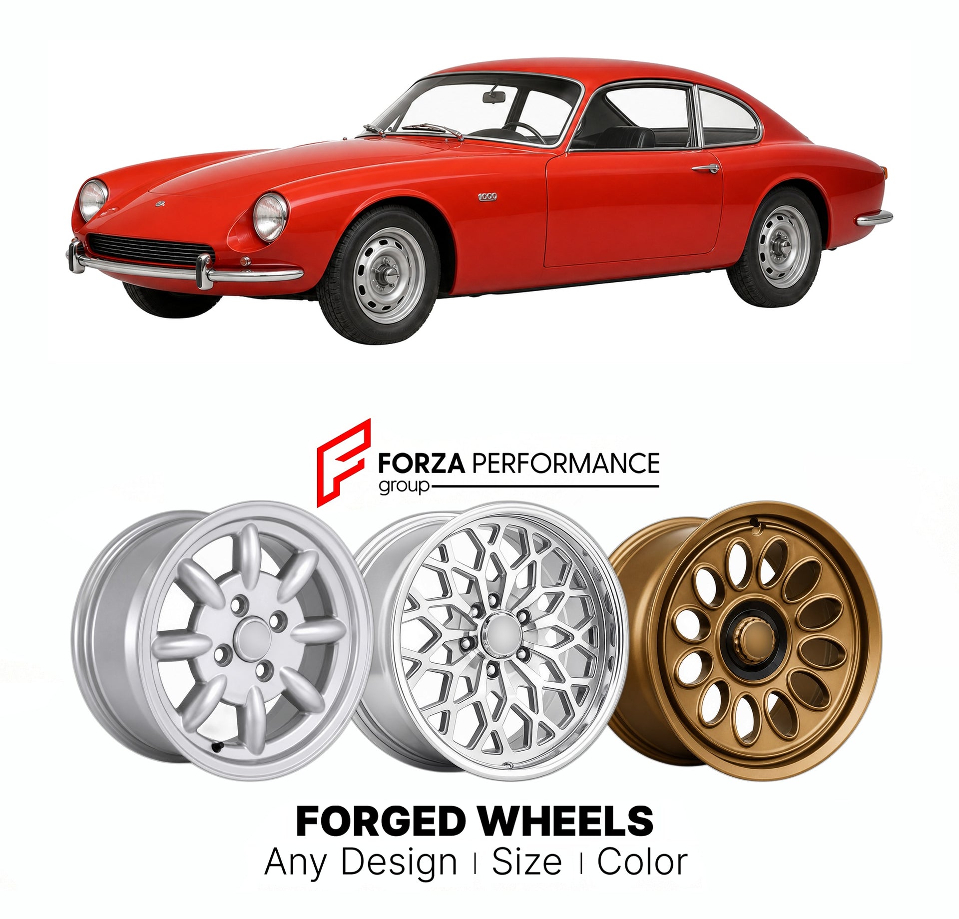 CUSTOM CLASSIC VINTAGE RESTOMOD RETRO OLD SCHOOL FORGED WHEELS RIMS for BANDINI 1000 GT 1963 - 1965

Custom forged wheels for Bandini 1000 GT 1963 - 1965. Classic, vintage, restomod wheel designs made to order in custom sizes, offsets, colors and finishes.

We manufacture premium quality forged wheels rims for Bandini 1000 GT 1963 - 1965 in any design, size, color.

THIS WHEEL DESIGN CAN BE CUSTOM-MADE FOR YOUR CAR IN ANY SIZE AND COLOR OPTIONS
Available in monoblock, 2-piece, 3-piece, duoblock, beadlock
3D