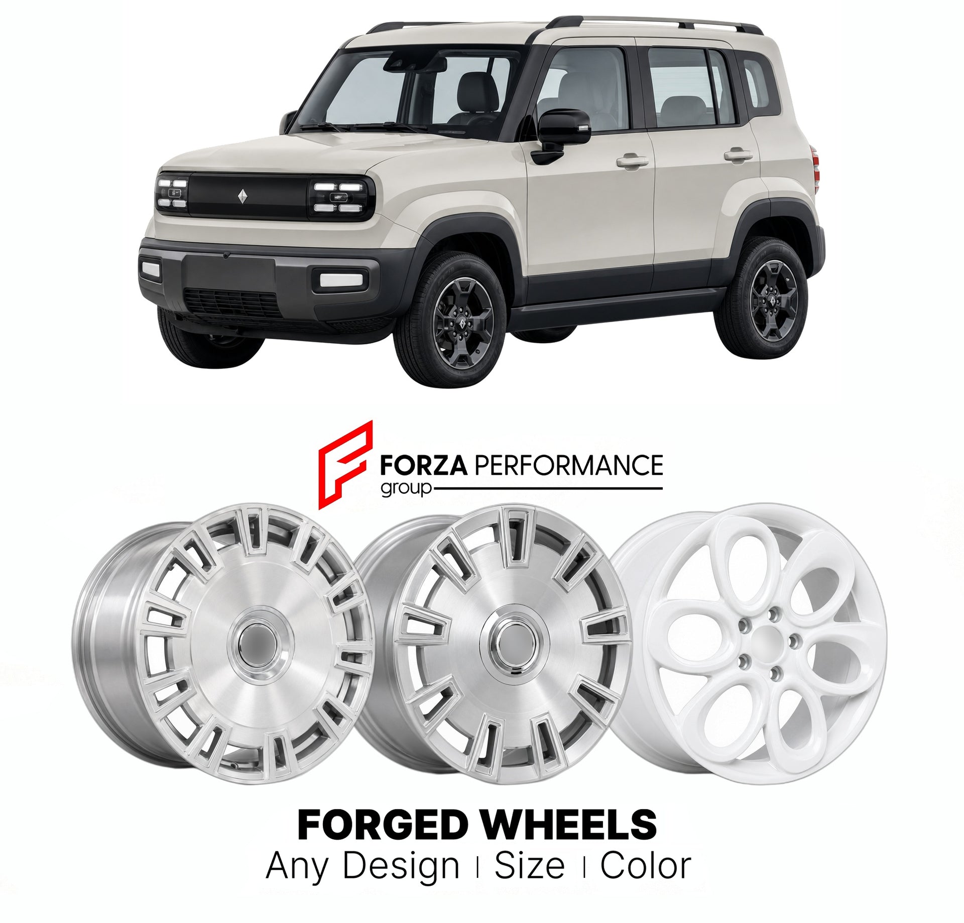 Custom forged wheels for Baojun SAIC-GM-Wuling Yep Plus 2024+. Made-to-order monoblock, 2-piece and 3-piece wheels in custom sizes, offsets, colors and finishes with guaranteed vehicle fitment.

We manufacture premium quality forged wheels rims for Baojun SAIC-GM-Wuling Yep Plus 2024+ in any design, size, color.

THIS WHEEL DESIGN CAN BE CUSTOM-MADE FOR YOUR CAR IN ANY SIZE AND COLOR OPTIONS
Available in monoblock, 2-piece, 3-piece, duoblock, beadlock
3D wheel renderings are provided according to the exact 