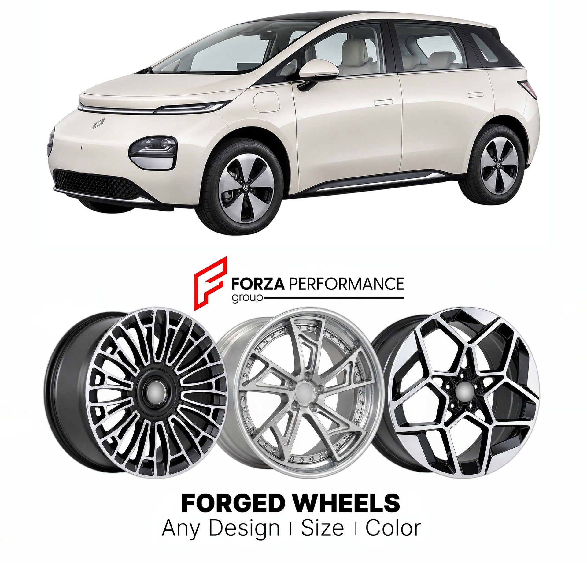 Custom forged wheels for Baojun SAIC-GM-Wuling Yunduo Cloud 2023+. Made-to-order monoblock, 2-piece and 3-piece wheels in custom sizes, offsets, colors and finishes with guaranteed vehicle fitment.

We manufacture premium quality forged wheels rims for Baojun SAIC-GM-Wuling Yunduo Cloud 2023+ in any design, size, color.

THIS WHEEL DESIGN CAN BE CUSTOM-MADE FOR YOUR CAR IN ANY SIZE AND COLOR OPTIONS
Available in monoblock, 2-piece, 3-piece, duoblock, beadlock
3D wheel renderings are provided according to th