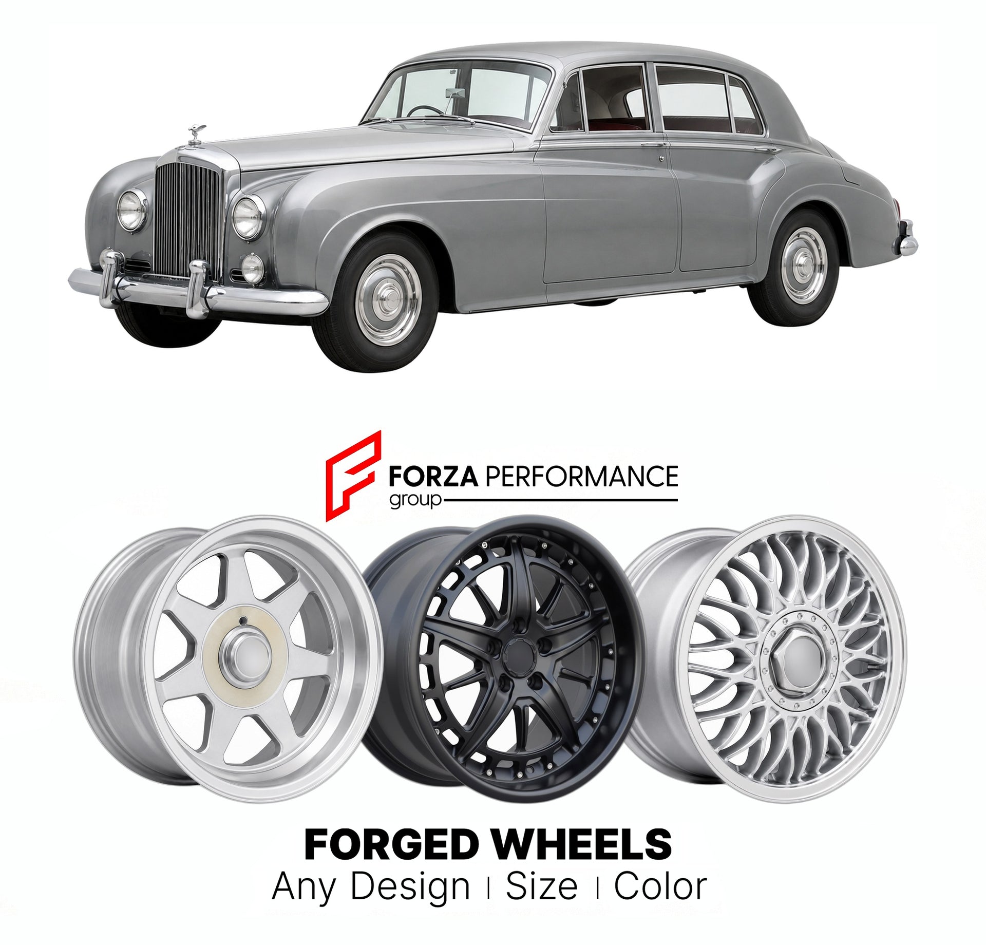 CUSTOM CLASSIC VINTAGE RESTOMOD RETRO OLD SCHOOL FORGED WHEELS RIMS for BENTLEY S2 1959 - 1962

Custom forged wheels for Bentley S2 1959 - 1962. Classic, vintage, restomod wheel designs made to order in custom sizes, offsets, colors and finishes.

We manufacture premium quality forged wheels rims for Bentley S2 1959 - 1962 in any design, size, color.

THIS WHEEL DESIGN CAN BE CUSTOM-MADE FOR YOUR CAR IN ANY SIZE AND COLOR OPTIONS
Available in monoblock, 2-piece, 3-piece, duoblock, beadlock
3D wheel renderin