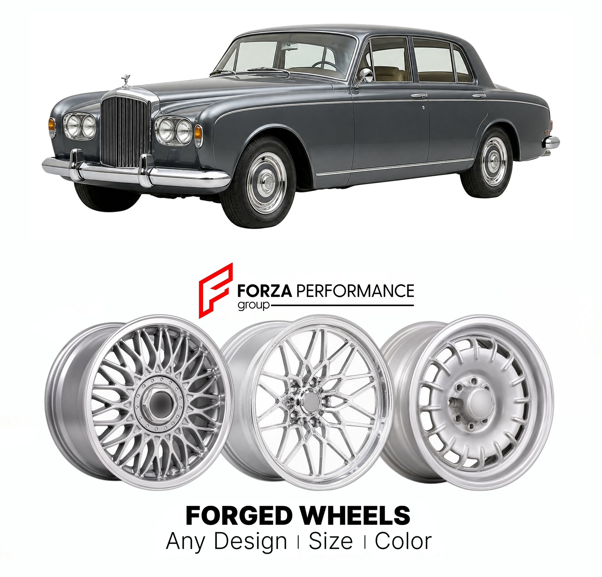 CUSTOM CLASSIC VINTAGE RESTOMOD RETRO OLD SCHOOL FORGED WHEELS RIMS for BENTLEY S3 1962 - 1965

Custom forged wheels for Bentley S3 1962 - 1965. Classic, vintage, restomod wheel designs made to order in custom sizes, offsets, colors and finishes.

We manufacture premium quality forged wheels rims for Bentley S3 1962 - 1965 in any design, size, color.

THIS WHEEL DESIGN CAN BE CUSTOM-MADE FOR YOUR CAR IN ANY SIZE AND COLOR OPTIONS
Available in monoblock, 2-piece, 3-piece, duoblock, beadlock
3D wheel renderin