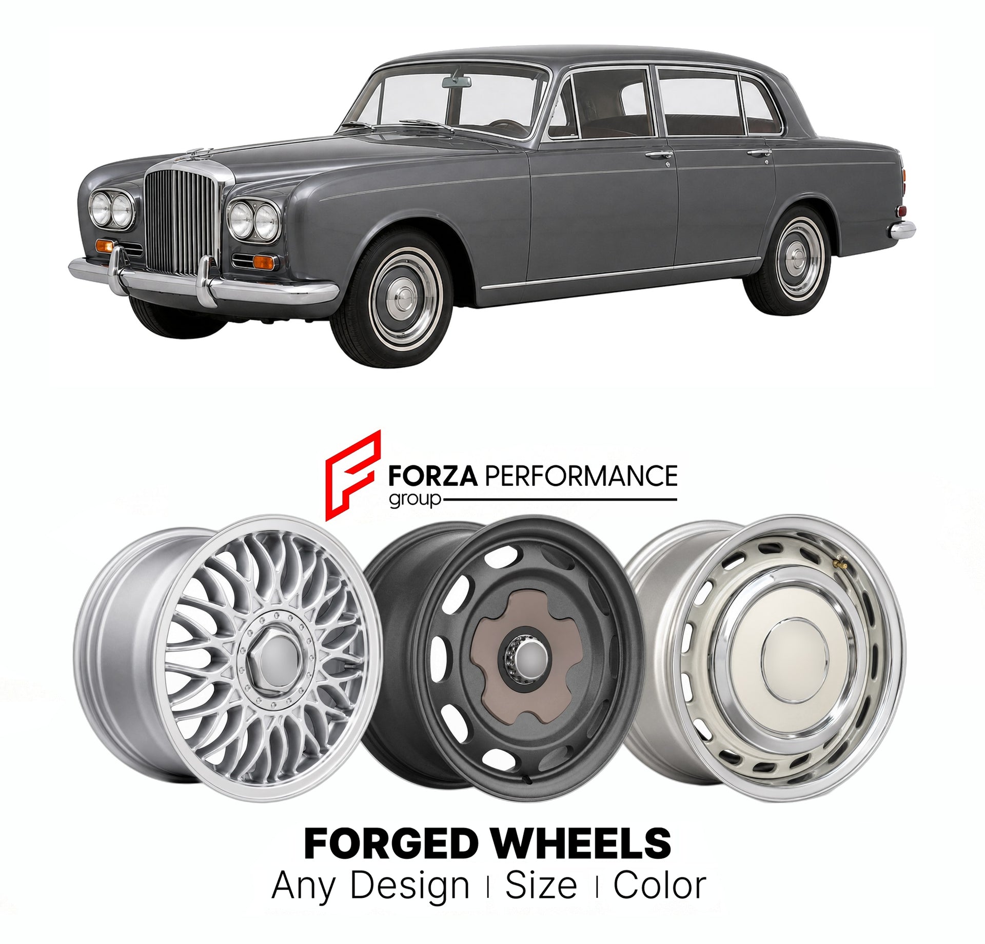 CUSTOM CLASSIC VINTAGE RESTOMOD RETRO OLD SCHOOL FORGED WHEELS RIMS for BENTLEY T1 1965 - 1980

Custom forged wheels for Bentley T1 1965 - 1980. Classic, vintage, restomod wheel designs made to order in custom sizes, offsets, colors and finishes.

We manufacture premium quality forged wheels rims for Bentley T1 1965 - 1980 in any design, size, color.

THIS WHEEL DESIGN CAN BE CUSTOM-MADE FOR YOUR CAR IN ANY SIZE AND COLOR OPTIONS
Available in monoblock, 2-piece, 3-piece, duoblock, beadlock
3D wheel renderin