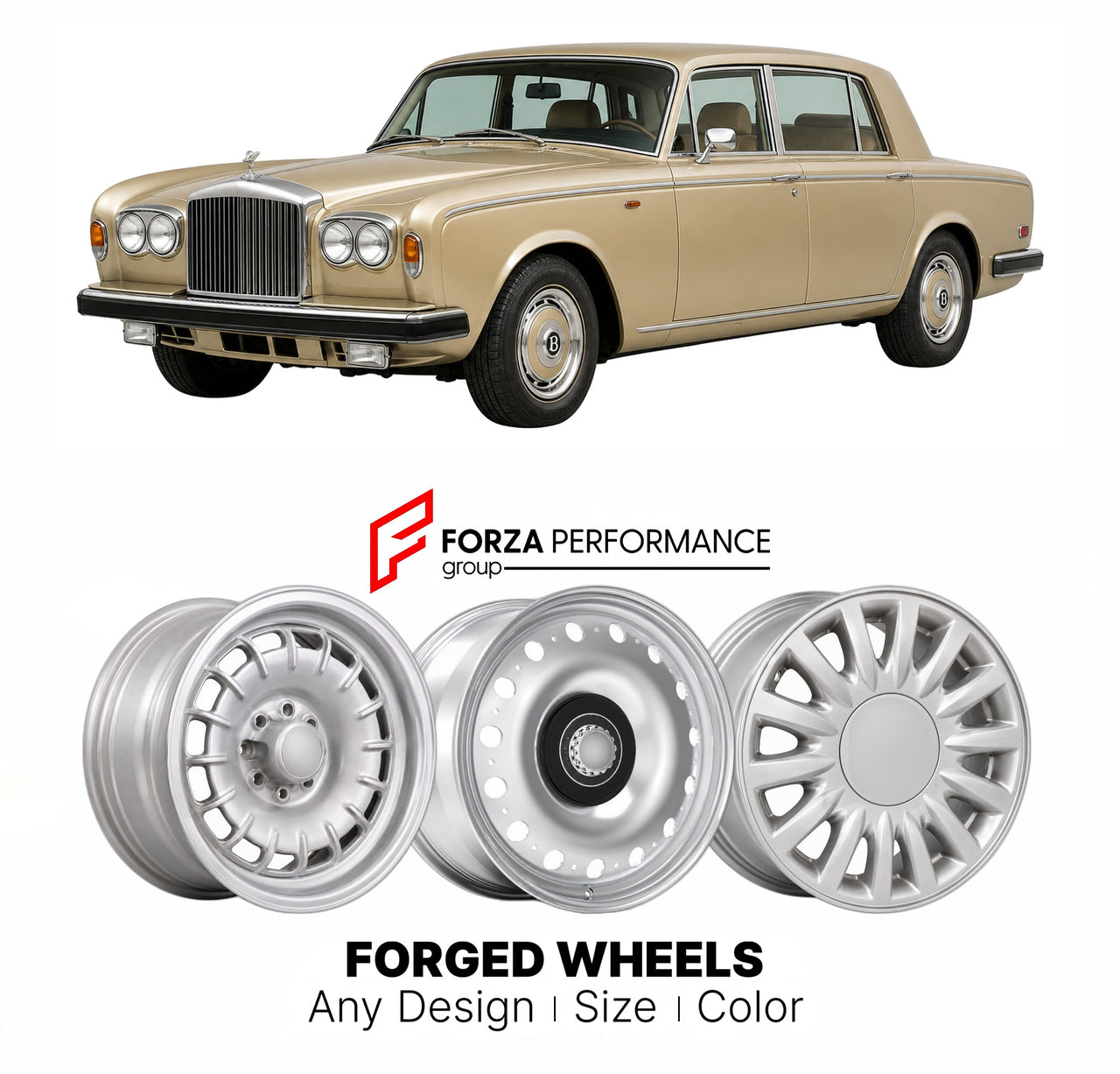 CUSTOM CLASSIC VINTAGE RESTOMOD RETRO OLD SCHOOL FORGED WHEELS RIMS for BENTLEY T2 T-SERIES II 1977 - 1980

Custom forged wheels for Bentley T2 T-Series II 1977 - 1980. Classic, vintage, restomod wheel designs made to order in custom sizes, offsets, colors and finishes.

We manufacture premium quality forged wheels rims for Bentley T2 T-Series II 1977 - 1980 in any design, size, color.

THIS WHEEL DESIGN CAN BE CUSTOM-MADE FOR YOUR CAR IN ANY SIZE AND COLOR OPTIONS
Available in monoblock, 2-piece, 3-piece, 