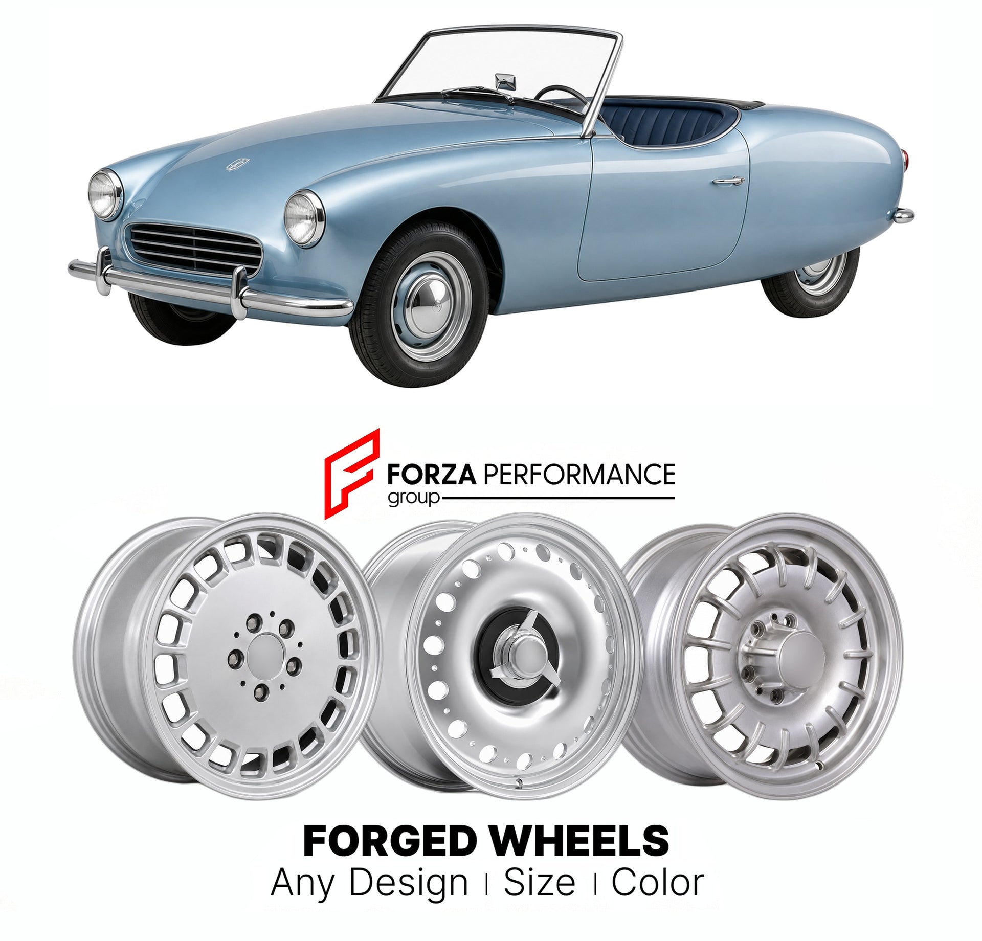 CUSTOM CLASSIC VINTAGE RESTOMOD RETRO OLD SCHOOL FORGED WHEELS RIMS for BERKELEY T60 1959 - 1960

Custom forged wheels for Berkeley T60 1959 - 1960. Classic, vintage, restomod wheel designs made to order in custom sizes, offsets, colors and finishes.

We manufacture premium quality forged wheels rims for Berkeley T60 1959 - 1960 in any design, size, color.

THIS WHEEL DESIGN CAN BE CUSTOM-MADE FOR YOUR CAR IN ANY SIZE AND COLOR OPTIONS
Available in monoblock, 2-piece, 3-piece, duoblock, beadlock
3D wheel re