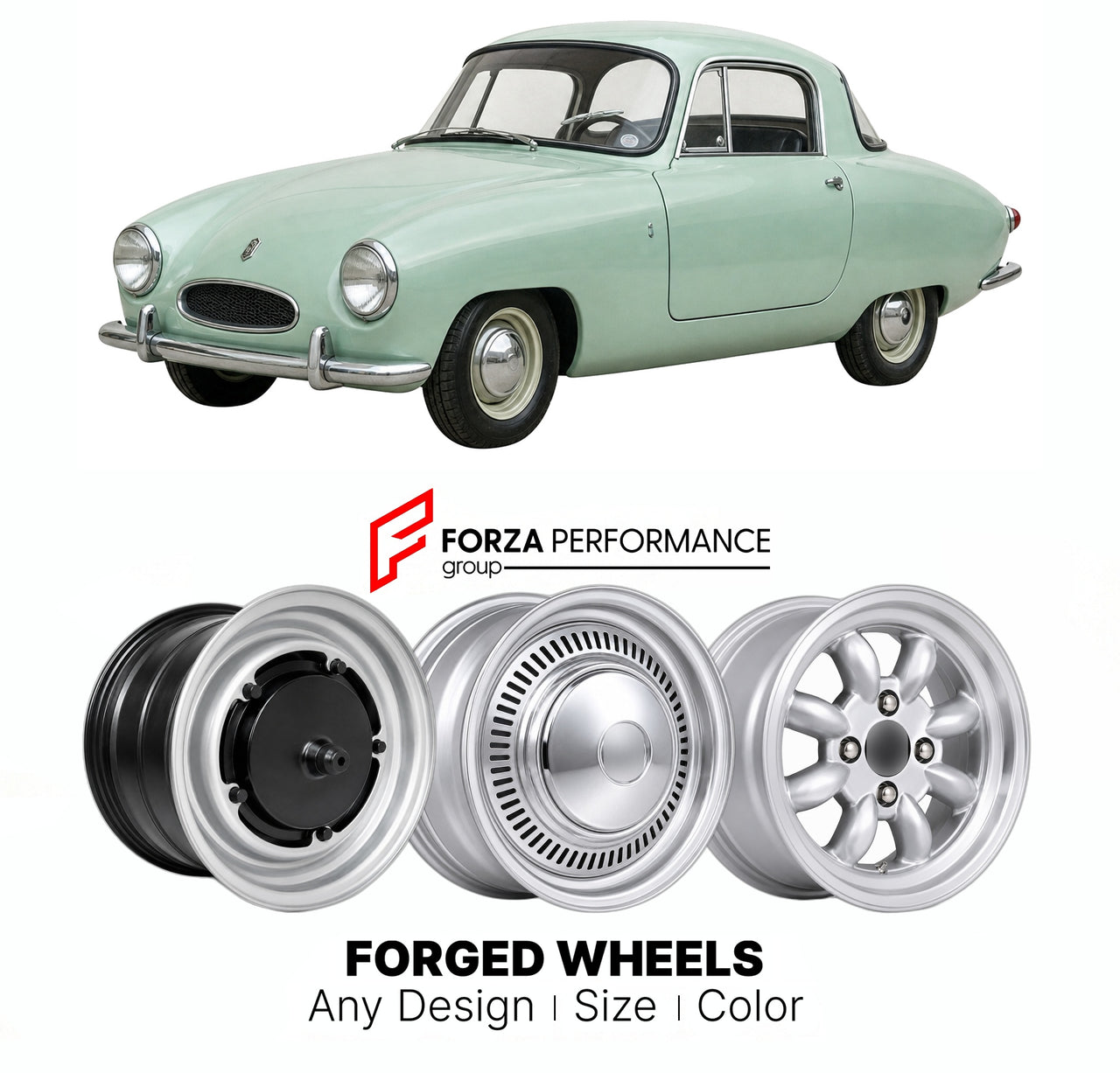 CUSTOM CLASSIC VINTAGE RESTOMOD RETRO OLD SCHOOL FORGED WHEELS RIMS for BERKELEY T60 1959 - 1961

Custom forged wheels for Berkeley T60 1959 - 1961. Classic, vintage, restomod wheel designs made to order in custom sizes, offsets, colors and finishes.

We manufacture premium quality forged wheels rims for Berkeley T60 1959 - 1961 in any design, size, color.

THIS WHEEL DESIGN CAN BE CUSTOM-MADE FOR YOUR CAR IN ANY SIZE AND COLOR OPTIONS
Available in monoblock, 2-piece, 3-piece, duoblock, beadlock
3D wheel re