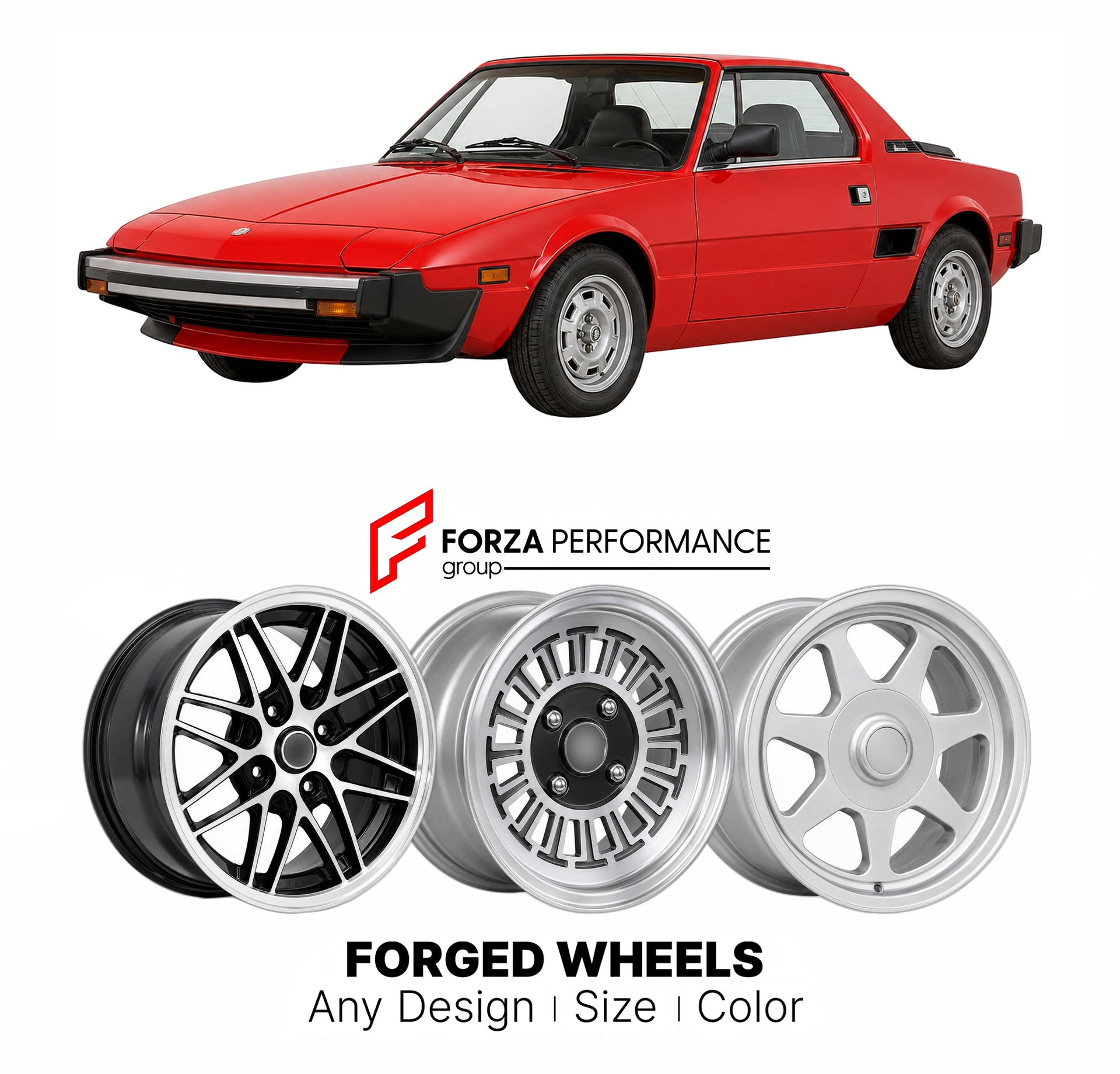CUSTOM CLASSIC VINTAGE RESTOMOD RETRO OLD SCHOOL FORGED WHEELS RIMS for BERTONE X1 9 1982 - 1989

Custom forged wheels for Bertone X1 9 1982 - 1989. Classic, vintage, restomod wheel designs made to order in custom sizes, offsets, colors and finishes.

We manufacture premium quality forged wheels rims for Bertone X1 9 1982 - 1989 in any design, size, color.

THIS WHEEL DESIGN CAN BE CUSTOM-MADE FOR YOUR CAR IN ANY SIZE AND COLOR OPTIONS
Available in monoblock, 2-piece, 3-piece, duoblock, beadlock
3D wheel re
