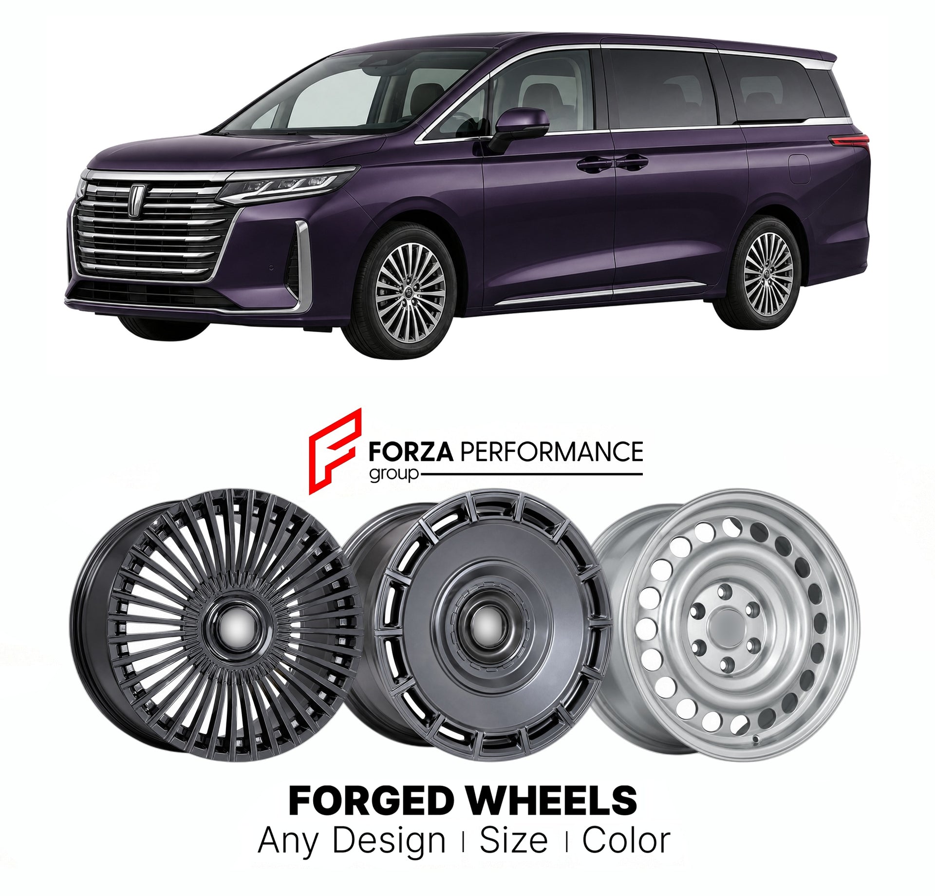 Custom forged wheels for Bestune FAW M9 2023+. Made-to-order monoblock, 2-piece and 3-piece wheels in custom sizes, offsets, colors and finishes with guaranteed vehicle fitment.

We manufacture premium quality forged wheels rims for Bestune FAW M9 2023+ in any design, size, color.

THIS WHEEL DESIGN CAN BE CUSTOM-MADE FOR YOUR CAR IN ANY SIZE AND COLOR OPTIONS
Available in monoblock, 2-piece, 3-piece, duoblock, beadlock
3D wheel renderings are provided according to the exact dimensions and specifications re