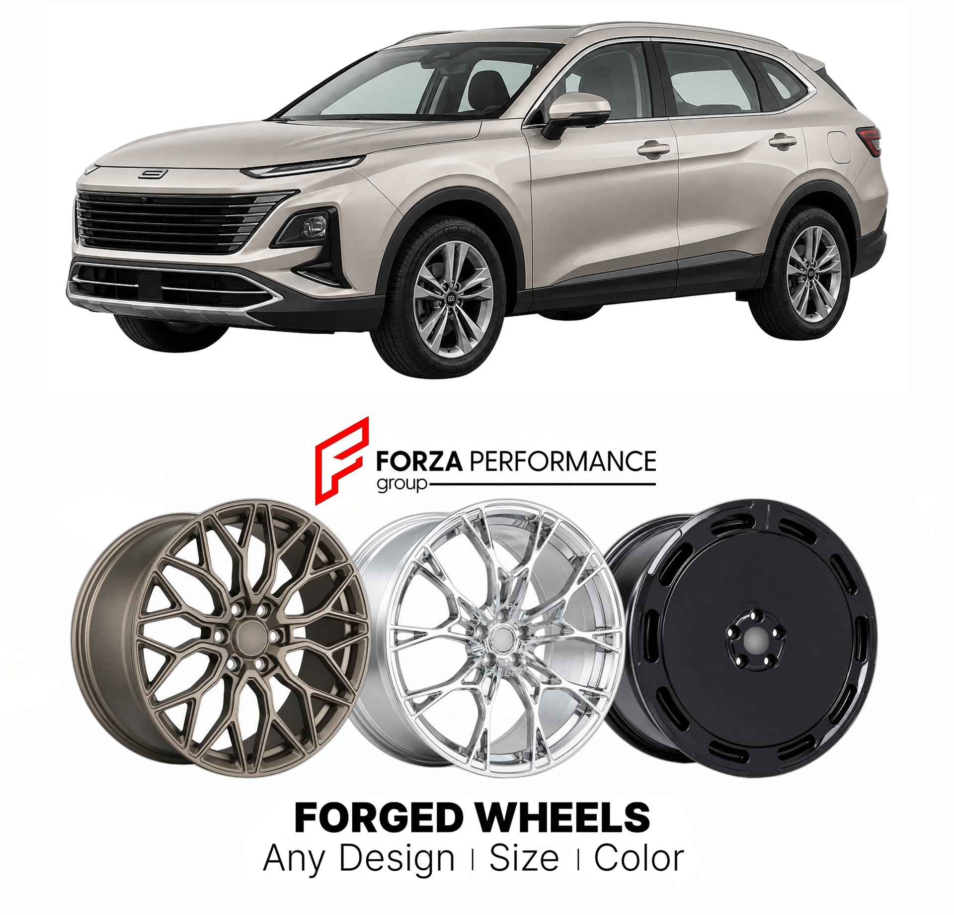 Custom forged wheels for Bestune FAW T90 2023+. Made-to-order monoblock, 2-piece and 3-piece wheels in custom sizes, offsets, colors and finishes with guaranteed vehicle fitment.

We manufacture premium quality forged wheels rims for Bestune FAW T90 2023+ in any design, size, color.

THIS WHEEL DESIGN CAN BE CUSTOM-MADE FOR YOUR CAR IN ANY SIZE AND COLOR OPTIONS
Available in monoblock, 2-piece, 3-piece, duoblock, beadlock
3D wheel renderings are provided according to the exact dimensions and specifications 