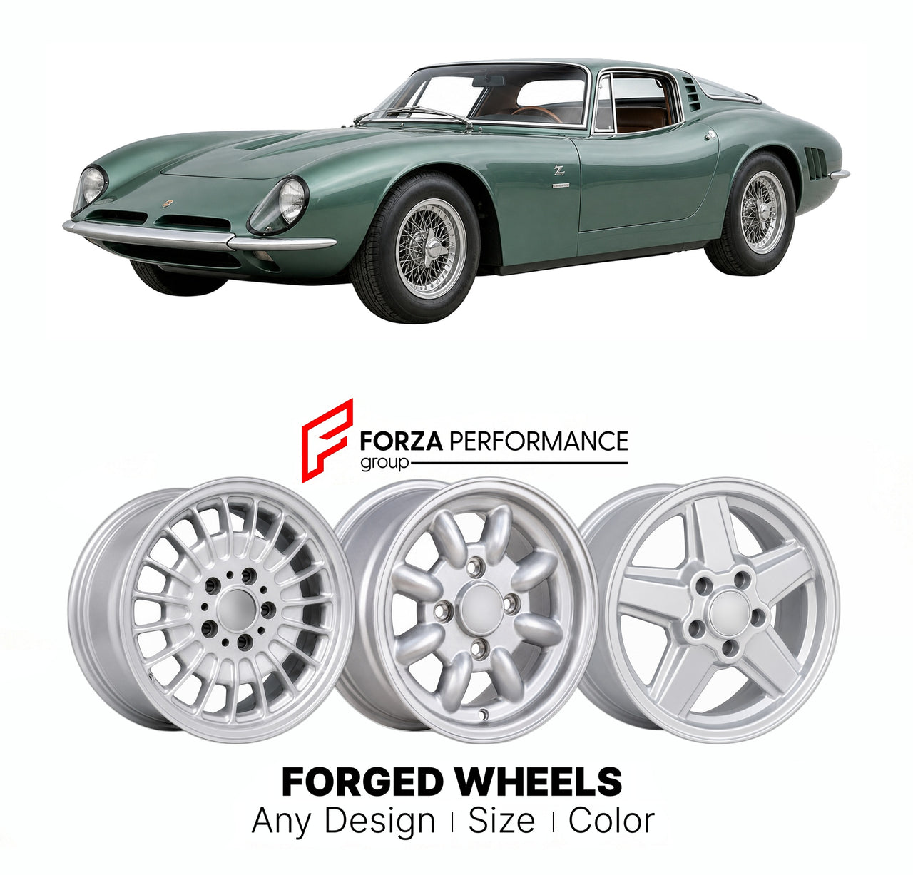 CUSTOM CLASSIC VINTAGE RESTOMOD RETRO OLD SCHOOL FORGED WHEELS RIMS for BIZZARRINI 5300 GT STRADA CORSA 1964 - 1968

Custom forged wheels for Bizzarrini 5300 GT Strada Corsa 1964 - 1968. Classic, vintage, restomod wheel designs made to order in custom sizes, offsets, colors and finishes.

We manufacture premium quality forged wheels rims for Bizzarrini 5300 GT Strada Corsa 1964 - 1968 in any design, size, color.

THIS WHEEL DESIGN CAN BE CUSTOM-MADE FOR YOUR CAR IN ANY SIZE AND COLOR OPTIONS
Available in mo