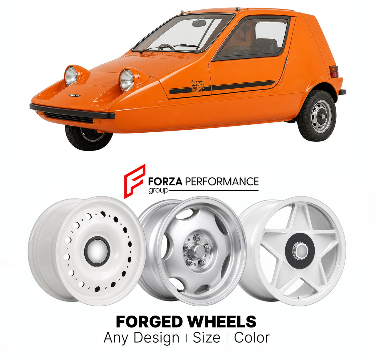 CUSTOM CLASSIC VINTAGE RESTOMOD RETRO OLD SCHOOL FORGED WHEELS RIMS for BOND BUG RELIANT 1970 - 1974

Custom forged wheels for Bond Bug Reliant 1970 - 1974. Classic, vintage, restomod wheel designs made to order in custom sizes, offsets, colors and finishes.

We manufacture premium quality forged wheels rims for Bond Bug Reliant 1970 - 1974 in any design, size, color.

THIS WHEEL DESIGN CAN BE CUSTOM-MADE FOR YOUR CAR IN ANY SIZE AND COLOR OPTIONS
Available in monoblock, 2-piece, 3-piece, duoblock, beadlock