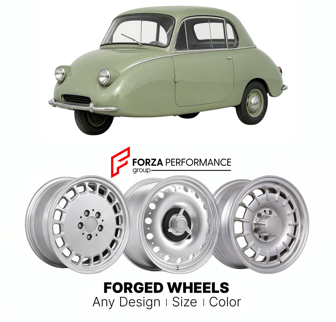 CUSTOM CLASSIC VINTAGE RESTOMOD RETRO OLD SCHOOL FORGED WHEELS RIMS for BOND MINICAR MARK A-G 1949 - 1966

Custom forged wheels for Bond Minicar Mark A-G 1949 - 1966. Classic, vintage, restomod wheel designs made to order in custom sizes, offsets, colors and finishes.

We manufacture premium quality forged wheels rims for Bond Minicar Mark A-G 1949 - 1966 in any design, size, color.

THIS WHEEL DESIGN CAN BE CUSTOM-MADE FOR YOUR CAR IN ANY SIZE AND COLOR OPTIONS
Available in monoblock, 2-piece, 3-piece, duo