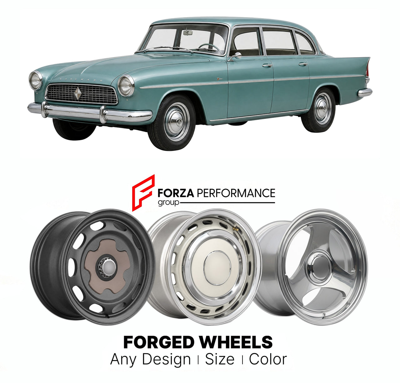 CUSTOM CLASSIC VINTAGE RESTOMOD RETRO OLD SCHOOL FORGED WHEELS RIMS for BORGWARD P100 1959 - 1962

Custom forged wheels for Borgward P100 1959 - 1962. Classic, vintage, restomod wheel designs made to order in custom sizes, offsets, colors and finishes.

We manufacture premium quality forged wheels rims for Borgward P100 1959 - 1962 in any design, size, color.

THIS WHEEL DESIGN CAN BE CUSTOM-MADE FOR YOUR CAR IN ANY SIZE AND COLOR OPTIONS
Available in monoblock, 2-piece, 3-piece, duoblock, beadlock
3D wheel