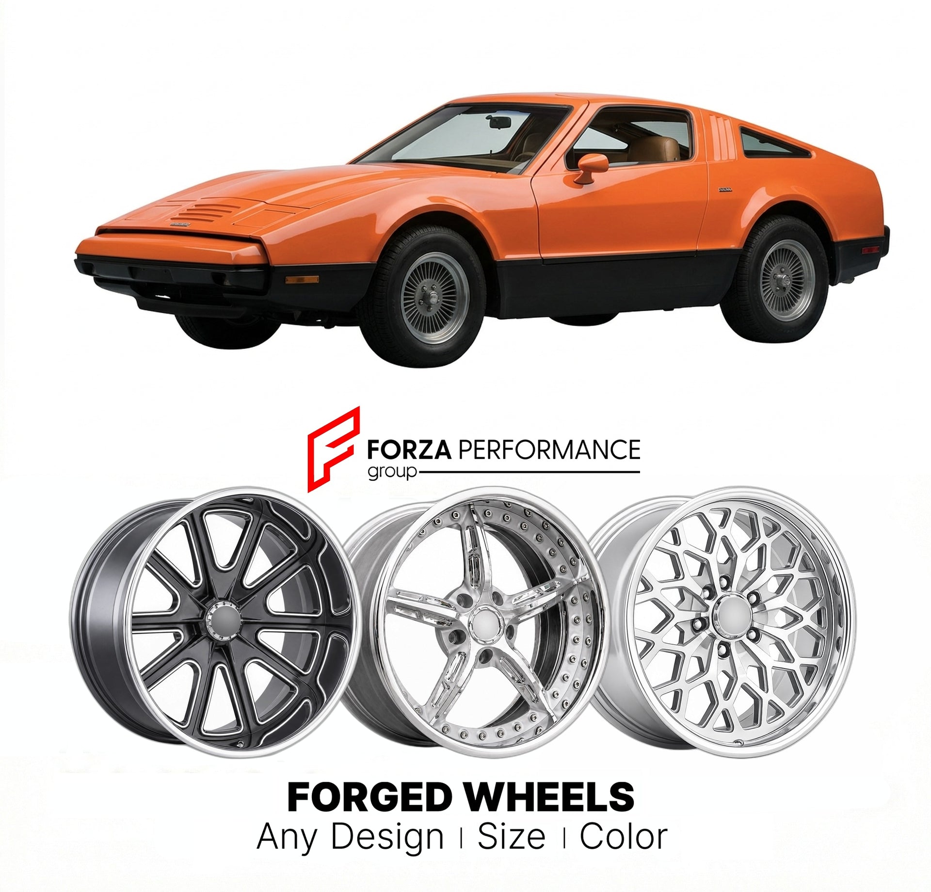 CUSTOM CLASSIC VINTAGE RESTOMOD RETRO OLD SCHOOL FORGED WHEELS RIMS for BRICKLIN SV-1 1974 - 1975
Custom forged wheels for classic American muscle cars. Ideal for restomod builds, vintage restorations, and show cars. Deep dish and retro styling available.

We manufacture premium quality forged wheels rims for Bricklin SV-1 1974 - 1975 in any design, size, color.

THIS WHEEL DESIGN CAN BE CUSTOM-MADE FOR YOUR CAR IN ANY SIZE AND COLOR OPTIONS
Available in monoblock, 2-piece, 3-piece, duoblock, beadlock
3D wh