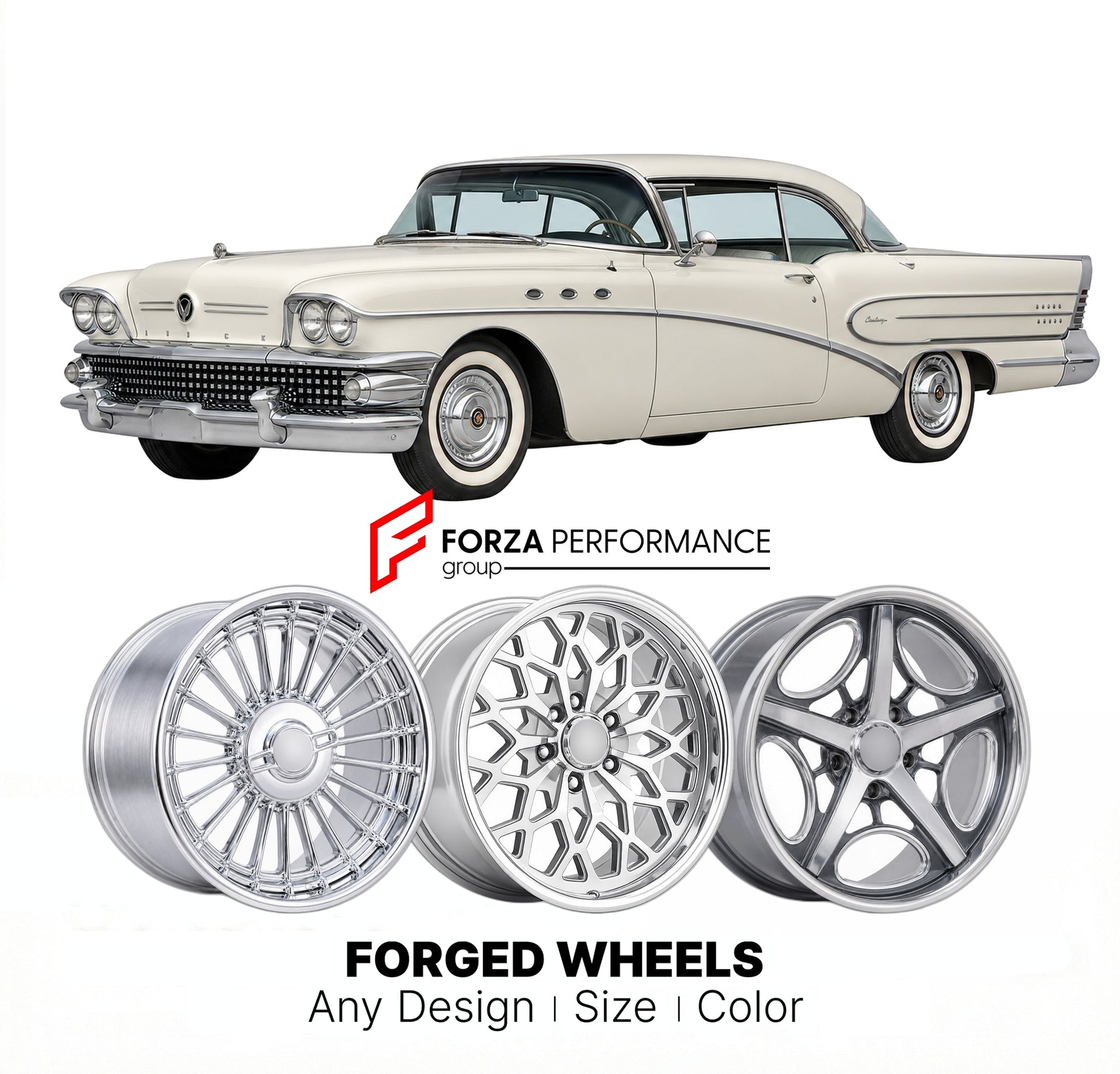 CUSTOM CLASSIC VINTAGE RESTOMOD RETRO OLD SCHOOL FORGED WHEELS RIMS for BUICK CENTURY 1958 - 1958
Custom forged wheels for classic American muscle cars. Ideal for restomod builds, vintage restorations, and show cars. Deep dish and retro styling available.

We manufacture premium quality forged wheels rims for Buick Century 1958 - 1958 in any design, size, color.

THIS WHEEL DESIGN CAN BE CUSTOM-MADE FOR YOUR CAR IN ANY SIZE AND COLOR OPTIONS
Available in monoblock, 2-piece, 3-piece, duoblock, beadlock
3D wh