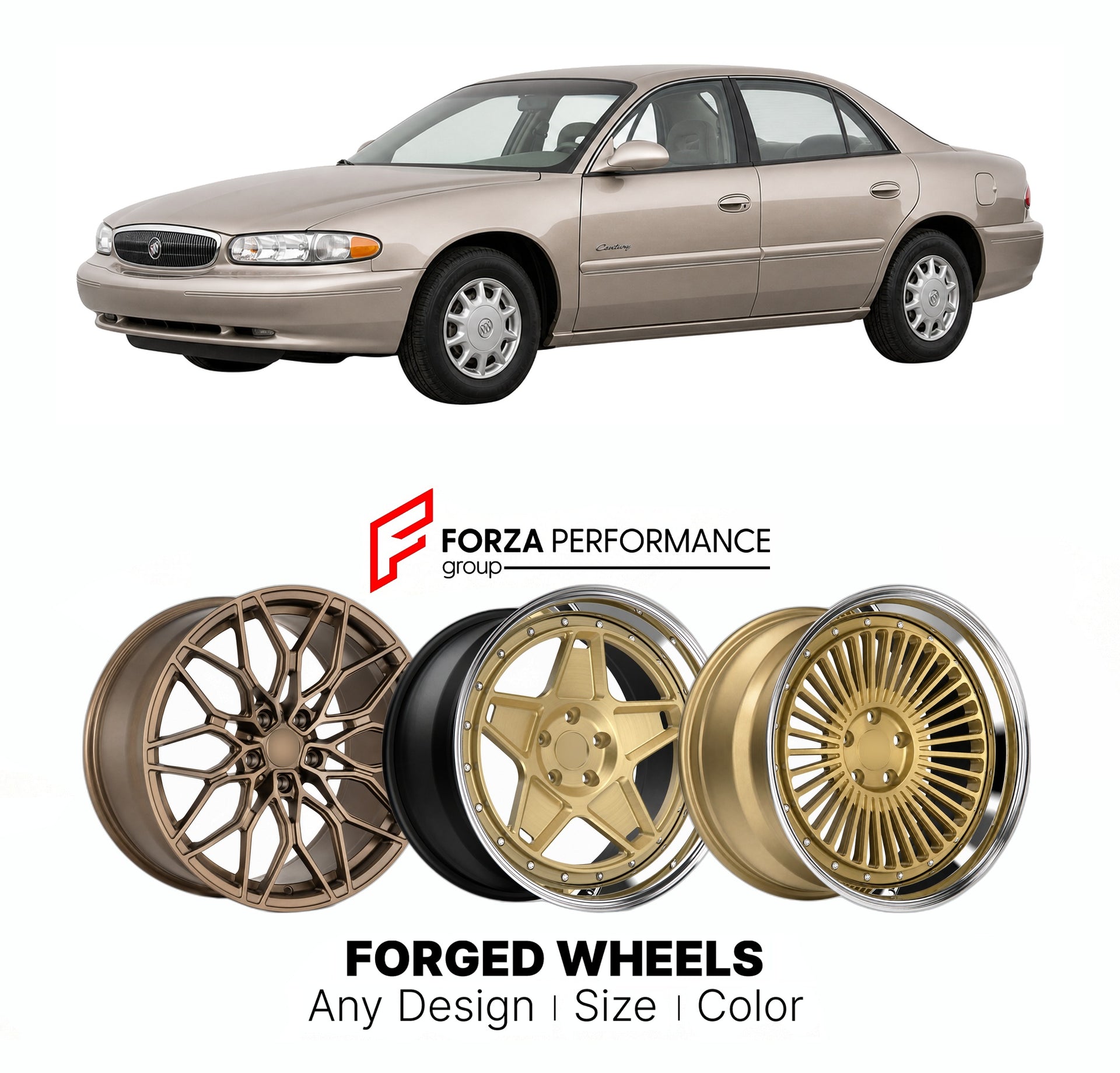FORGED WHEELS RIMS for BUICK CENTURY 1997 - 2005

Custom forged wheels for Buick Century 1997 - 2005. Made-to-order monoblock, 2-piece and 3-piece rims in custom sizes, offsets, colors and finishes with guaranteed fitment.

We manufacture premium quality forged wheels rims for Buick Century 1997 - 2005 in any design, size, color.

THIS WHEEL DESIGN CAN BE CUSTOM-MADE FOR YOUR CAR IN ANY SIZE AND COLOR OPTIONS
Available in monoblock, 2-piece, 3-piece, duoblock, beadlock
3D wheel renderings are provided accor