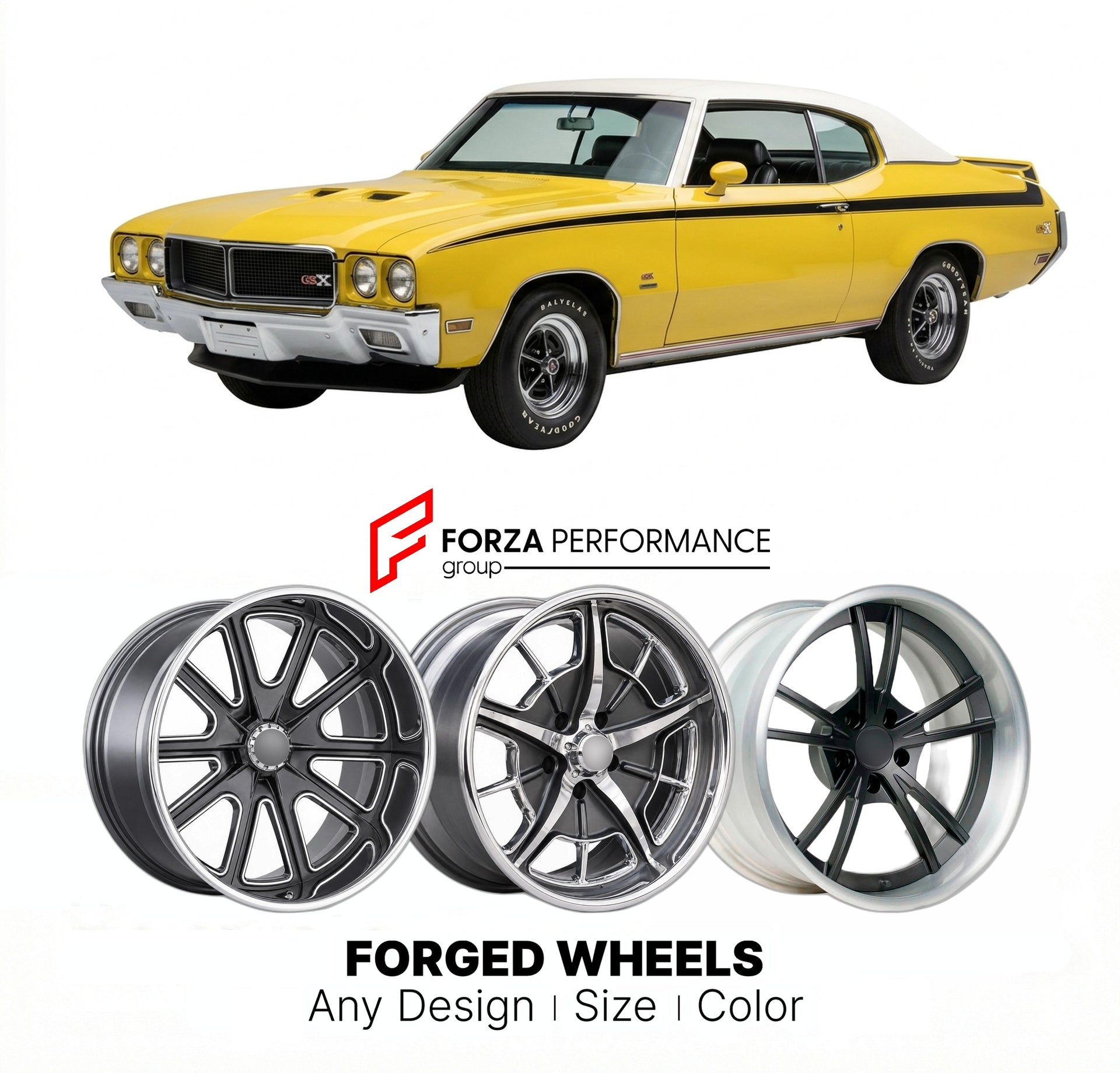 CUSTOM CLASSIC VINTAGE RESTOMOD RETRO OLD SCHOOL FORGED WHEELS RIMS for BUICK CENTURY GSX 1970 - 1972
Custom forged wheels for classic American muscle cars. Ideal for restomod builds, vintage restorations, and show cars. Deep dish and retro styling available.

We manufacture premium quality forged wheels rims for Buick Century GSX 1970 - 1972 in any design, size, color.

THIS WHEEL DESIGN CAN BE CUSTOM-MADE FOR YOUR CAR IN ANY SIZE AND COLOR OPTIONS
Available in monoblock, 2-piece, 3-piece, duoblock, beadlo