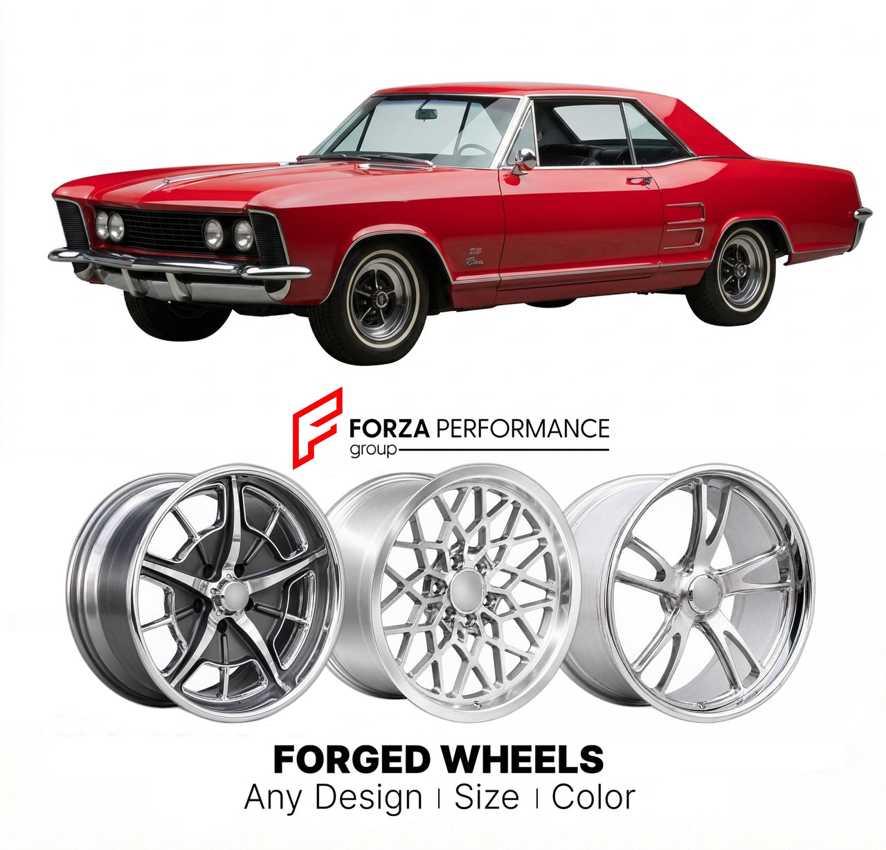 CUSTOM CLASSIC VINTAGE RESTOMOD RETRO OLD SCHOOL FORGED WHEELS RIMS for BUICK CENTURY GS 1965 - 1967
Custom forged wheels for classic American muscle cars. Ideal for restomod builds, vintage restorations, and show cars. Deep dish and retro styling available.

We manufacture premium quality forged wheels rims for Buick Century GS 1965 - 1967 in any design, size, color.

THIS WHEEL DESIGN CAN BE CUSTOM-MADE FOR YOUR CAR IN ANY SIZE AND COLOR OPTIONS
Available in monoblock, 2-piece, 3-piece, duoblock, beadlock