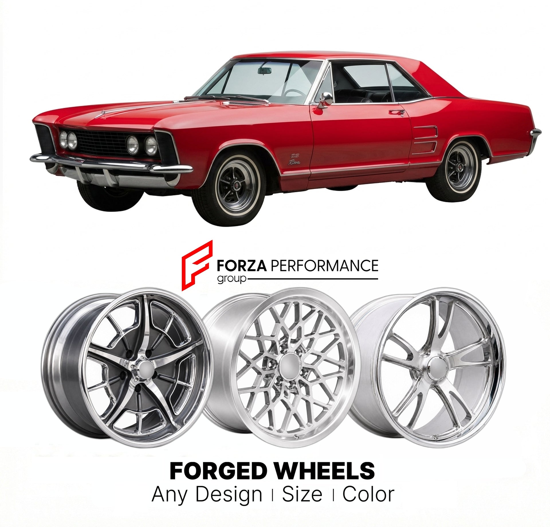 CUSTOM CLASSIC VINTAGE RESTOMOD RETRO OLD SCHOOL FORGED WHEELS RIMS for BUICK CENTURY GS 1965 - 1967
Custom forged wheels for classic American muscle cars. Ideal for restomod builds, vintage restorations, and show cars. Deep dish and retro styling available.

We manufacture premium quality forged wheels rims for Buick Century GS 1965 - 1967 in any design, size, color.

THIS WHEEL DESIGN CAN BE CUSTOM-MADE FOR YOUR CAR IN ANY SIZE AND COLOR OPTIONS
Available in monoblock, 2-piece, 3-piece, duoblock, beadlock