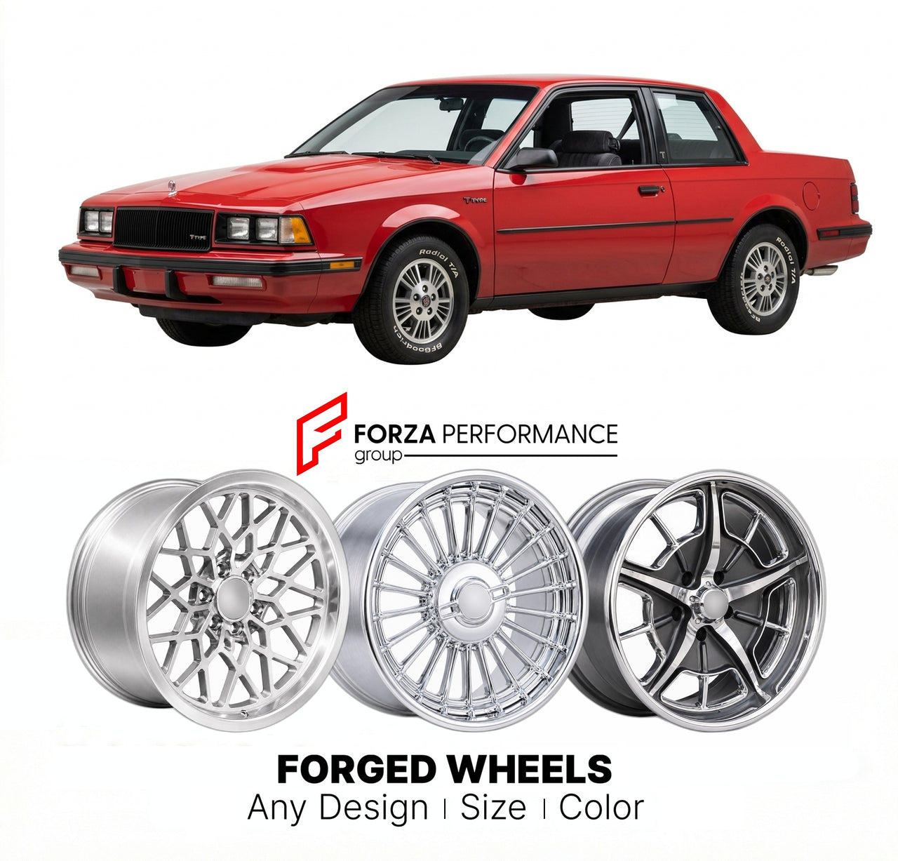 CUSTOM CLASSIC VINTAGE RESTOMOD RETRO OLD SCHOOL FORGED WHEELS RIMS for BUICK CENTURY T-TYPE 1984 - 1986
Custom forged wheels for classic American muscle cars. Ideal for restomod builds, vintage restorations, and show cars. Deep dish and retro styling available.

We manufacture premium quality forged wheels rims for Buick Century T-Type 1984 - 1986 in any design, size, color.

THIS WHEEL DESIGN CAN BE CUSTOM-MADE FOR YOUR CAR IN ANY SIZE AND COLOR OPTIONS
Available in monoblock, 2-piece, 3-piece, duoblock, 