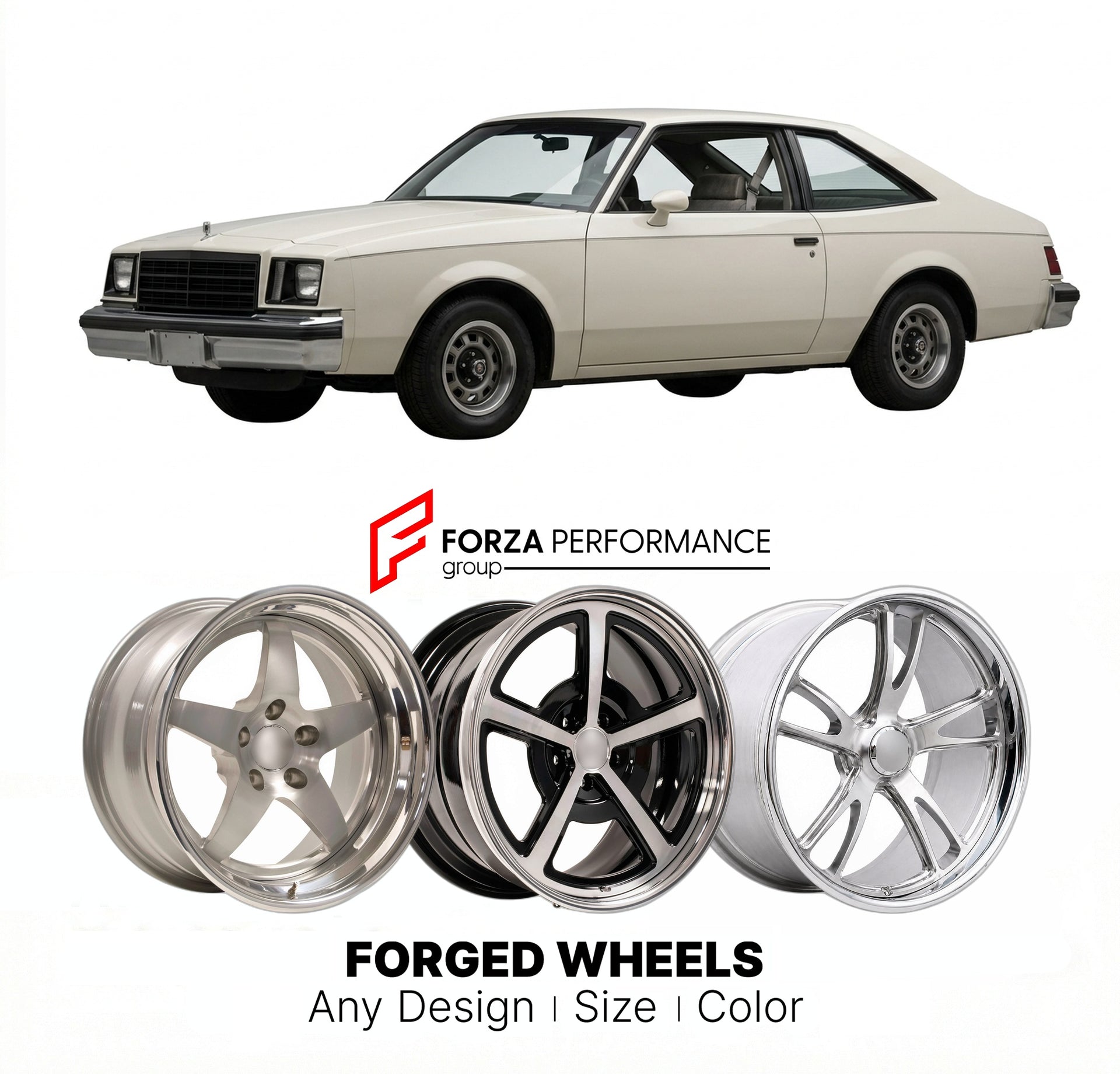 CUSTOM CLASSIC VINTAGE RESTOMOD RETRO OLD SCHOOL FORGED WHEELS RIMS for BUICK CENTURY TURBO 1980 - 1981
Custom forged wheels for classic American muscle cars. Ideal for restomod builds, vintage restorations, and show cars. Deep dish and retro styling available.

We manufacture premium quality forged wheels rims for Buick Century Turbo 1980 - 1981 in any design, size, color.

THIS WHEEL DESIGN CAN BE CUSTOM-MADE FOR YOUR CAR IN ANY SIZE AND COLOR OPTIONS
Available in monoblock, 2-piece, 3-piece, duoblock, be