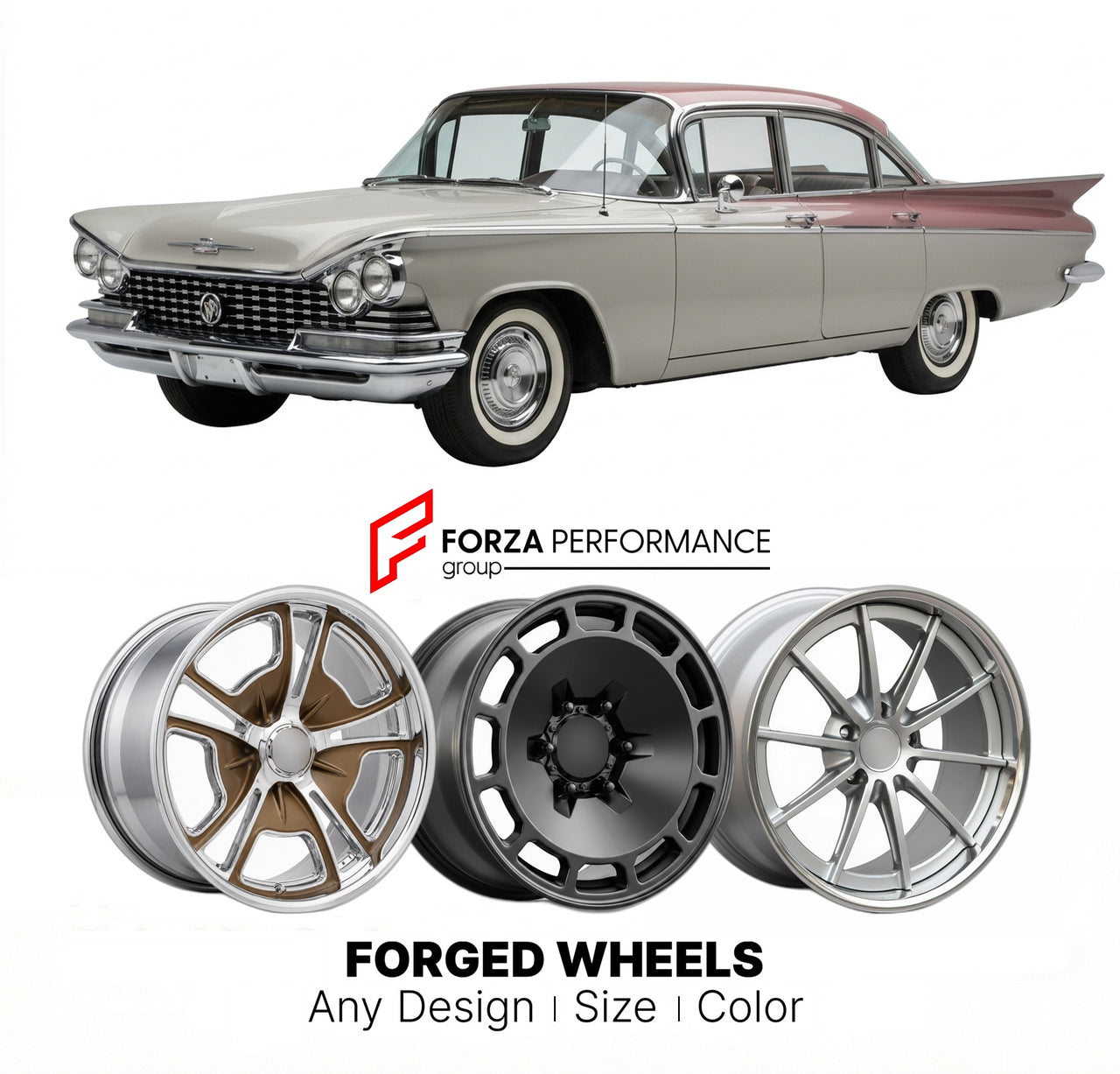 CUSTOM CLASSIC VINTAGE RESTOMOD RETRO OLD SCHOOL FORGED WHEELS RIMS for BUICK ELECTRA 1959 - 1960
Custom forged wheels for classic American muscle cars. Ideal for restomod builds, vintage restorations, and show cars. Deep dish and retro styling available.

We manufacture premium quality forged wheels rims for Buick Electra 1959 - 1960 in any design, size, color.

THIS WHEEL DESIGN CAN BE CUSTOM-MADE FOR YOUR CAR IN ANY SIZE AND COLOR OPTIONS
Available in monoblock, 2-piece, 3-piece, duoblock, beadlock
3D wh