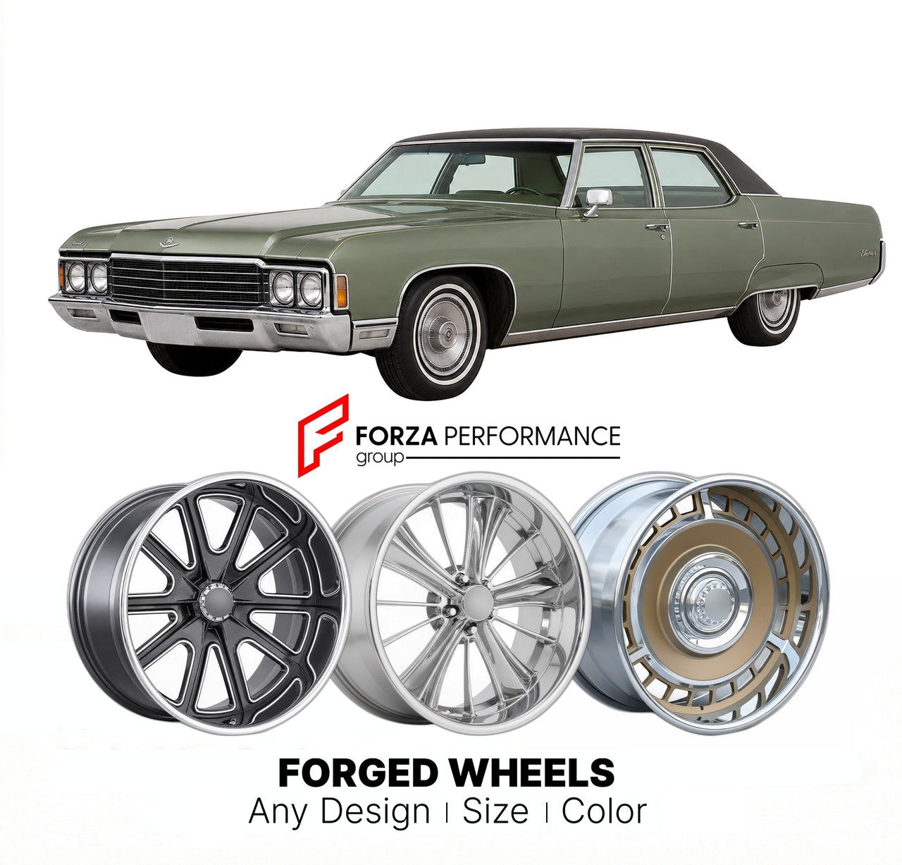 CUSTOM CLASSIC VINTAGE RESTOMOD RETRO OLD SCHOOL FORGED WHEELS RIMS for BUICK ELECTRA 1971 - 1976
Custom forged wheels for classic American muscle cars. Ideal for restomod builds, vintage restorations, and show cars. Deep dish and retro styling available.

We manufacture premium quality forged wheels rims for Buick Electra 1971 - 1976 in any design, size, color.

THIS WHEEL DESIGN CAN BE CUSTOM-MADE FOR YOUR CAR IN ANY SIZE AND COLOR OPTIONS
Available in monoblock, 2-piece, 3-piece, duoblock, beadlock
3D wh